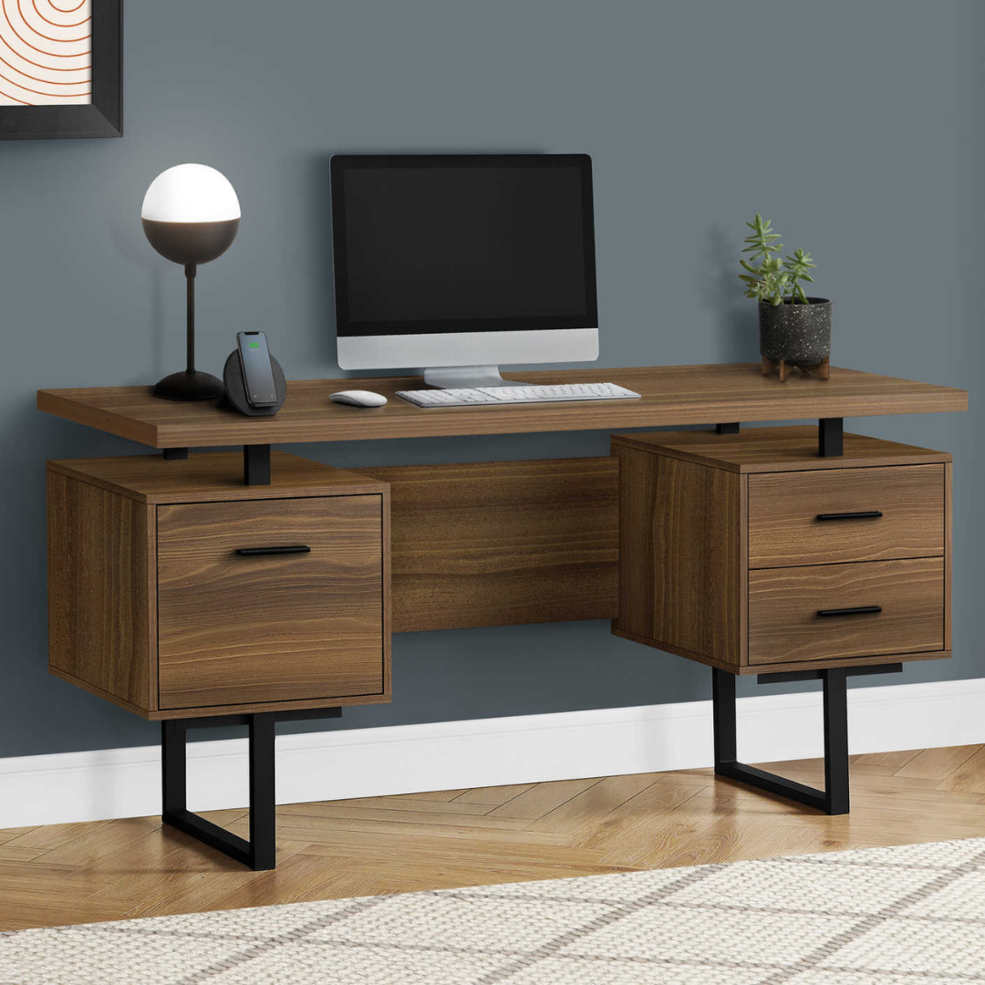 Bureau d'ordinateur Floatrex 60 po noyer avec cadre en U métal noir