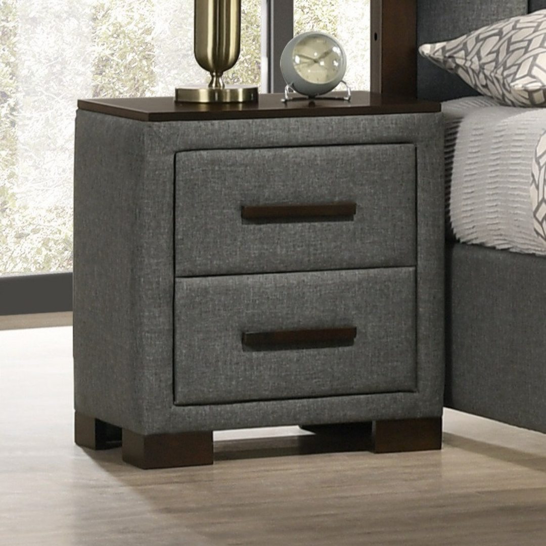 Table de chevet Greyford tissu gris foncé avec dessus bois brun et 2 tiroirs