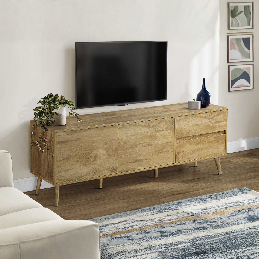 Meuble TV Belvir 72 po noyer clair style mi-siècle moderne avec rangement