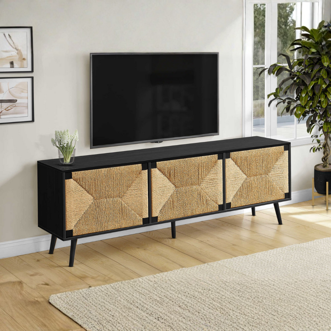 Meuble TV Merlo 72 po noir avec rangement fermé et gestion des câbles, idéal pour condo