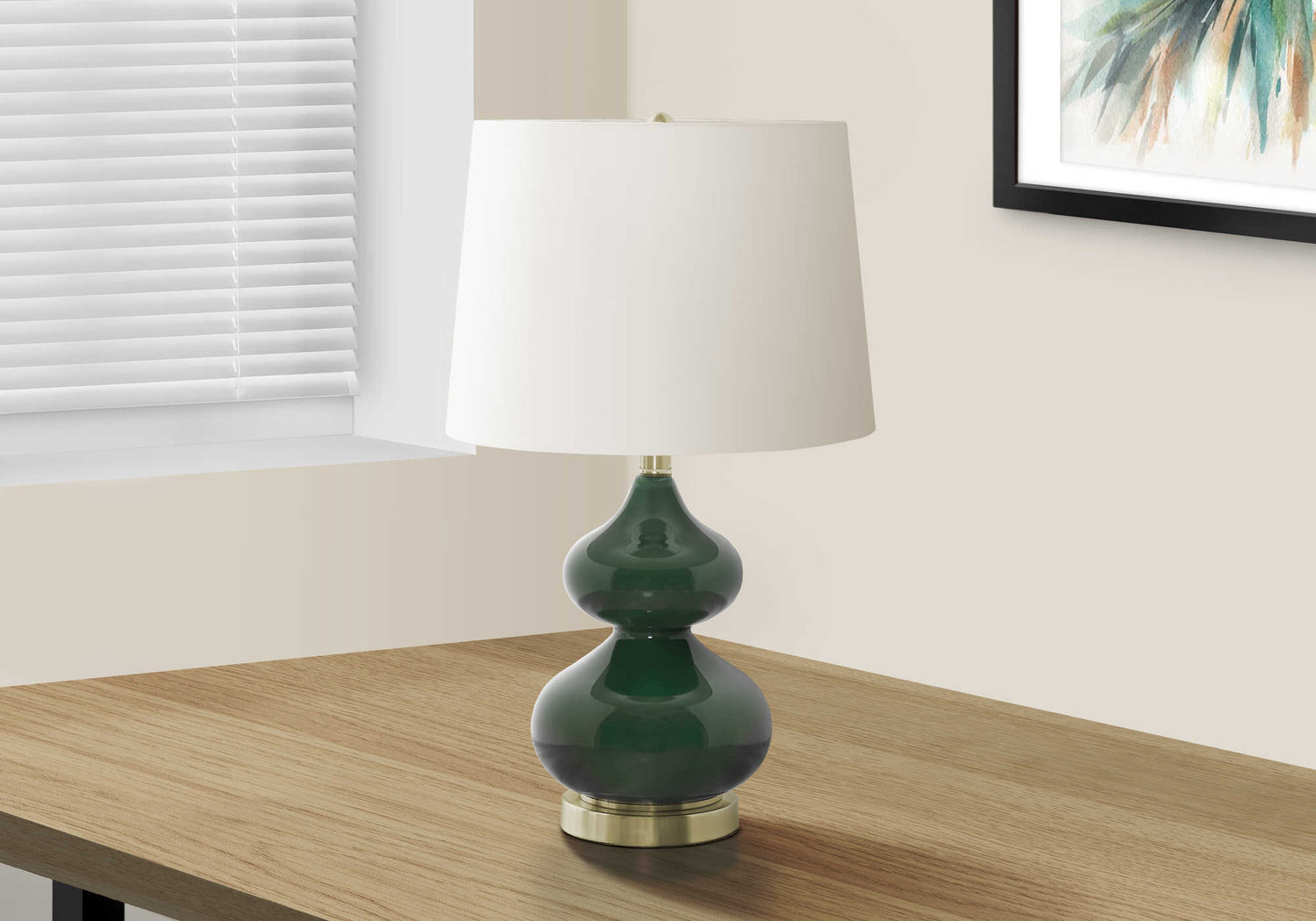 Lampe de table 24 po verre vert avec abat-jour ivoire (I 9768)