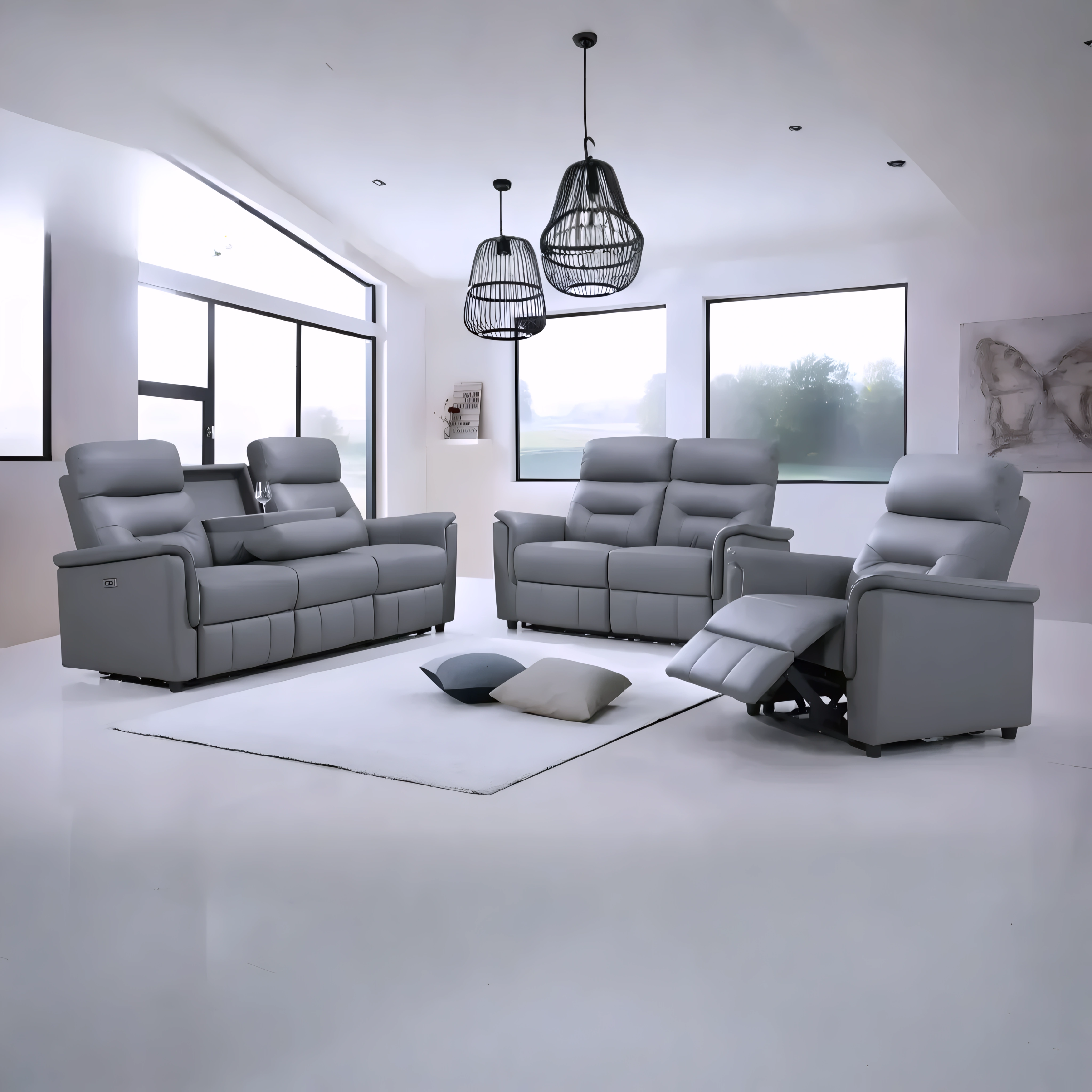 Ensemble sofa inclinable électrique Kargus en cuir gris clair