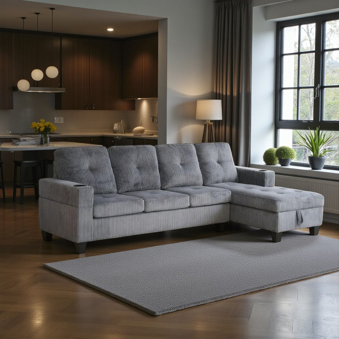 Sofa sectionnel avec chaise longue et rangement en velours côtelé gris, pensé pour le confort quotidien