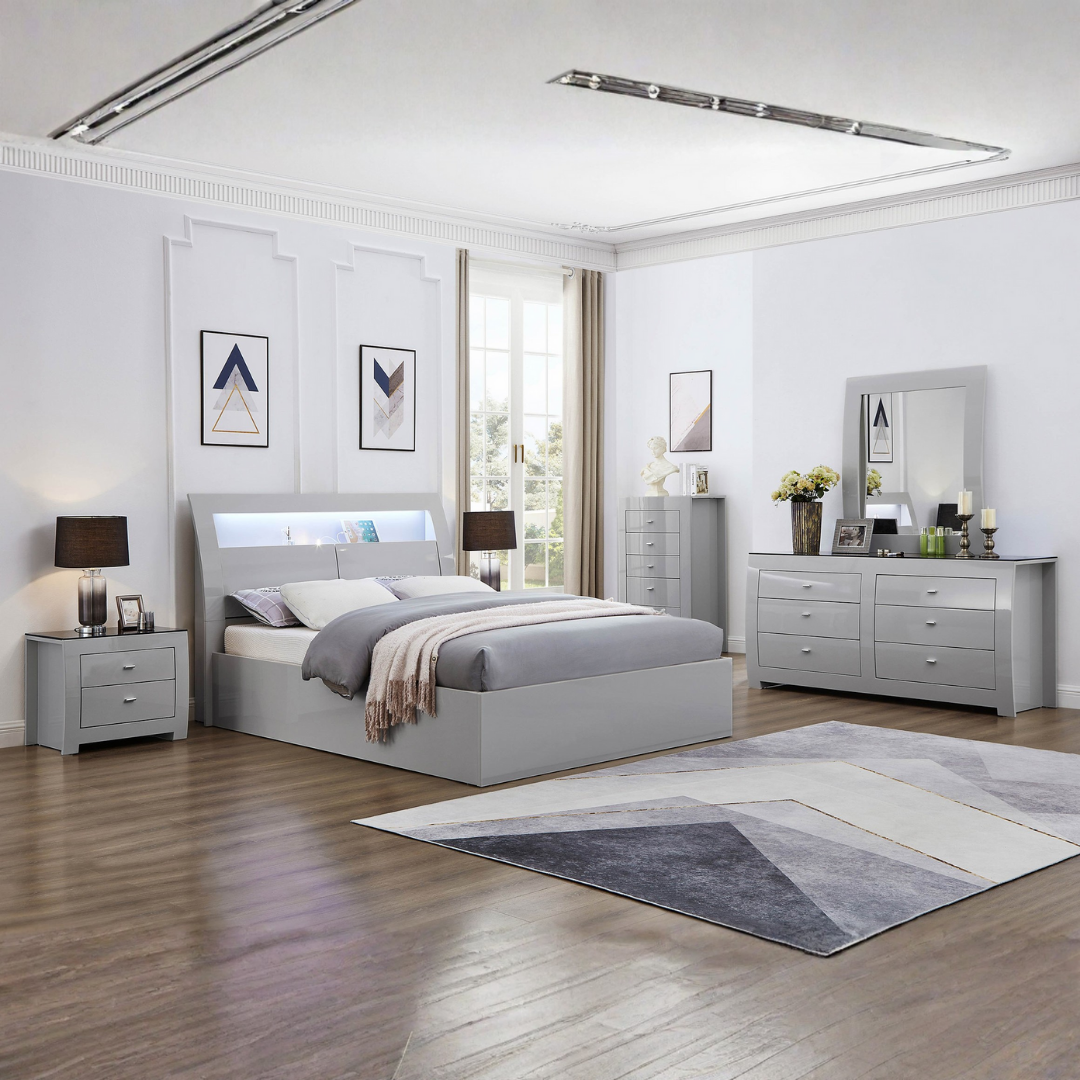 Ensemble chambre double Marquesta 6 pièces gris haute brillance avec rangement sous-lit hydraulique, LED et ports USB