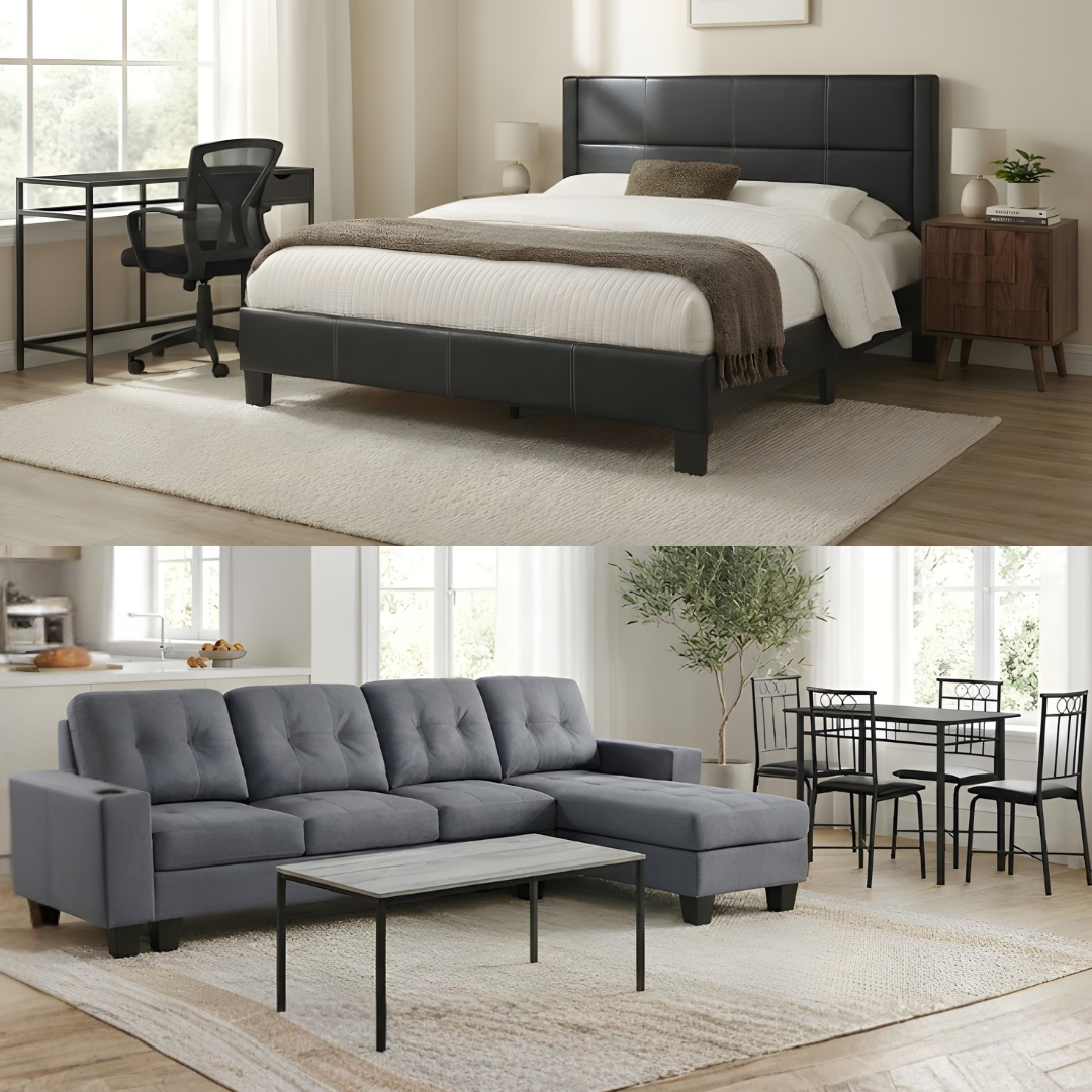 Pack F ensemble complet 9 pièces noir avec matelas hybride queen 12 pouces, sectionnel, salle à manger et bureau