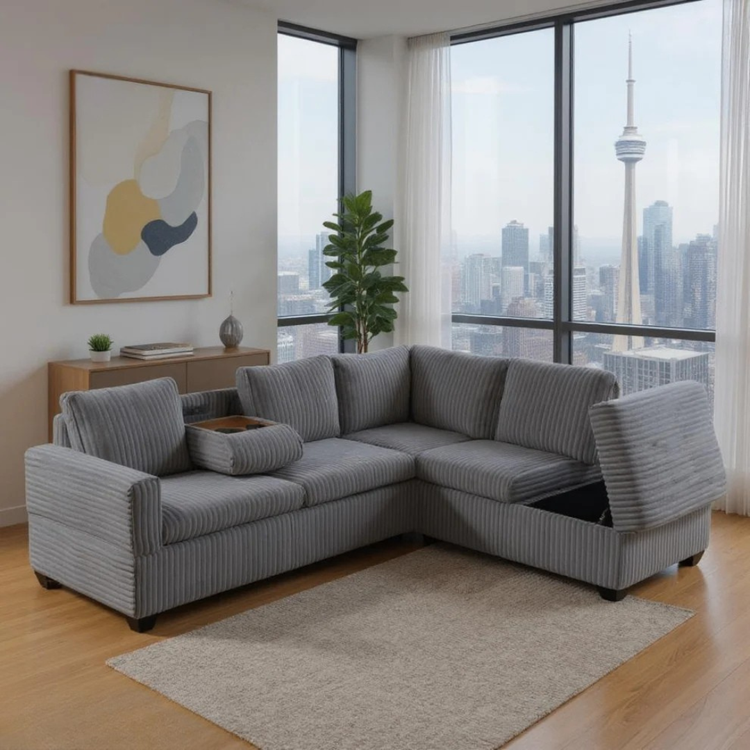 Sofa sectionnel réversible Rika en velours gris avec rangement, idéal pour zonage d’un espace ouvert