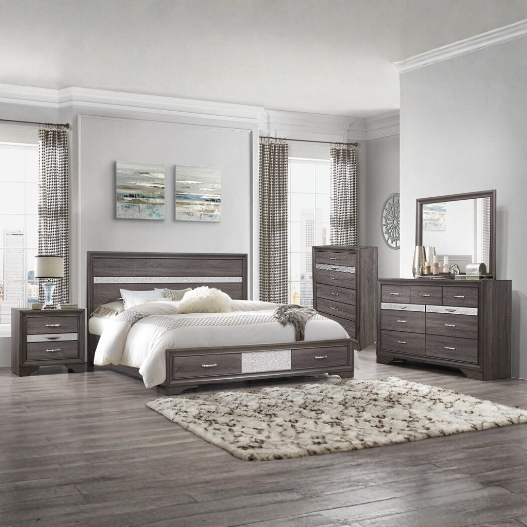 Ensemble chambre king Sevoria 6 pièces gris vieilli avec rangement intégré