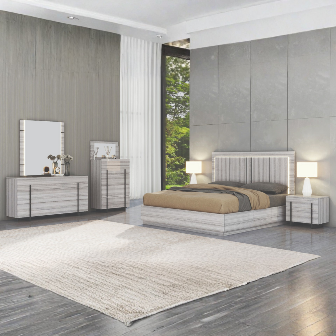 Ensemble chambre queen Valcera gris eucalyptus laqué avec rangement lift-up et quincaillerie noir mat