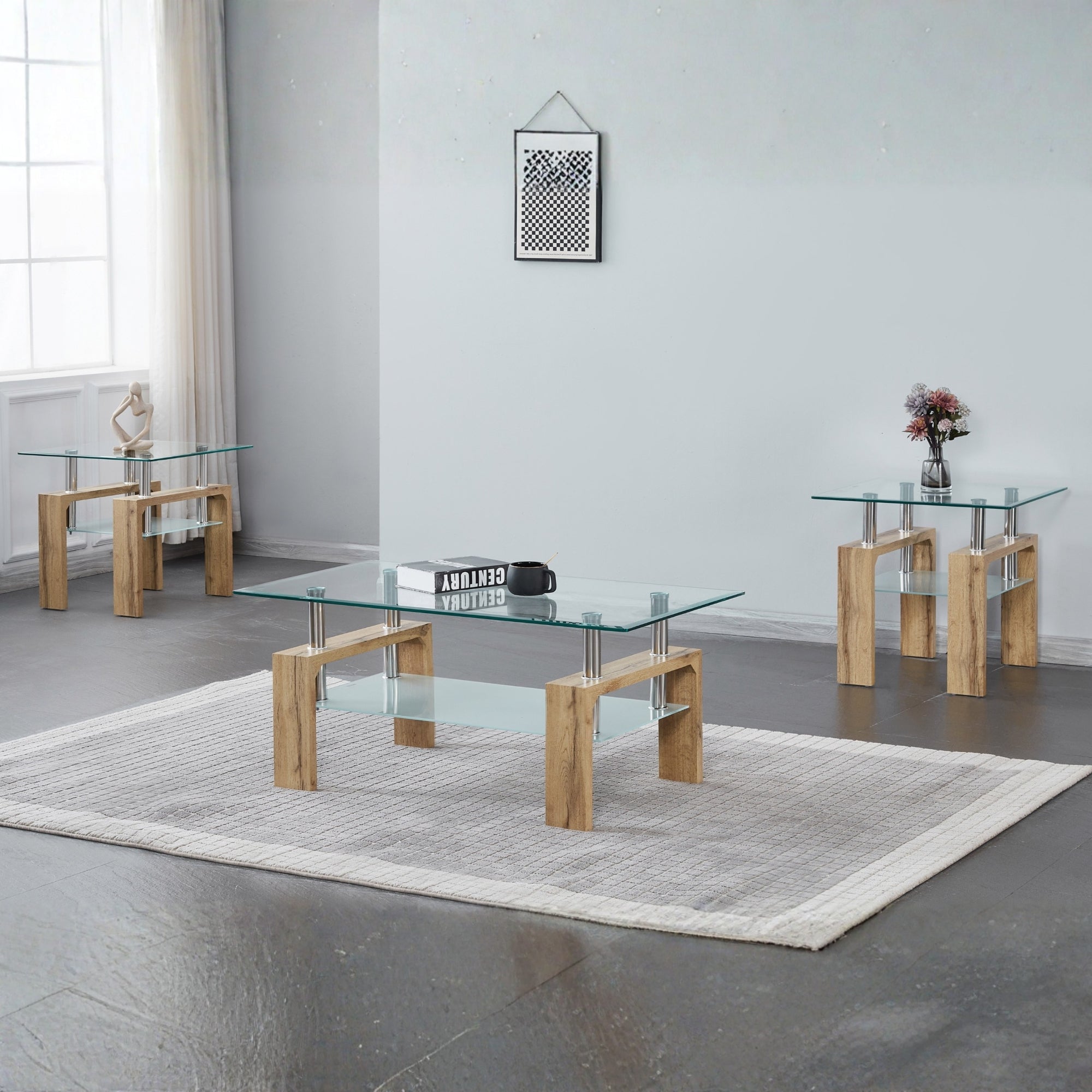 Lystevo ensemble table a cafe 3 pieces bois clair verre - 1