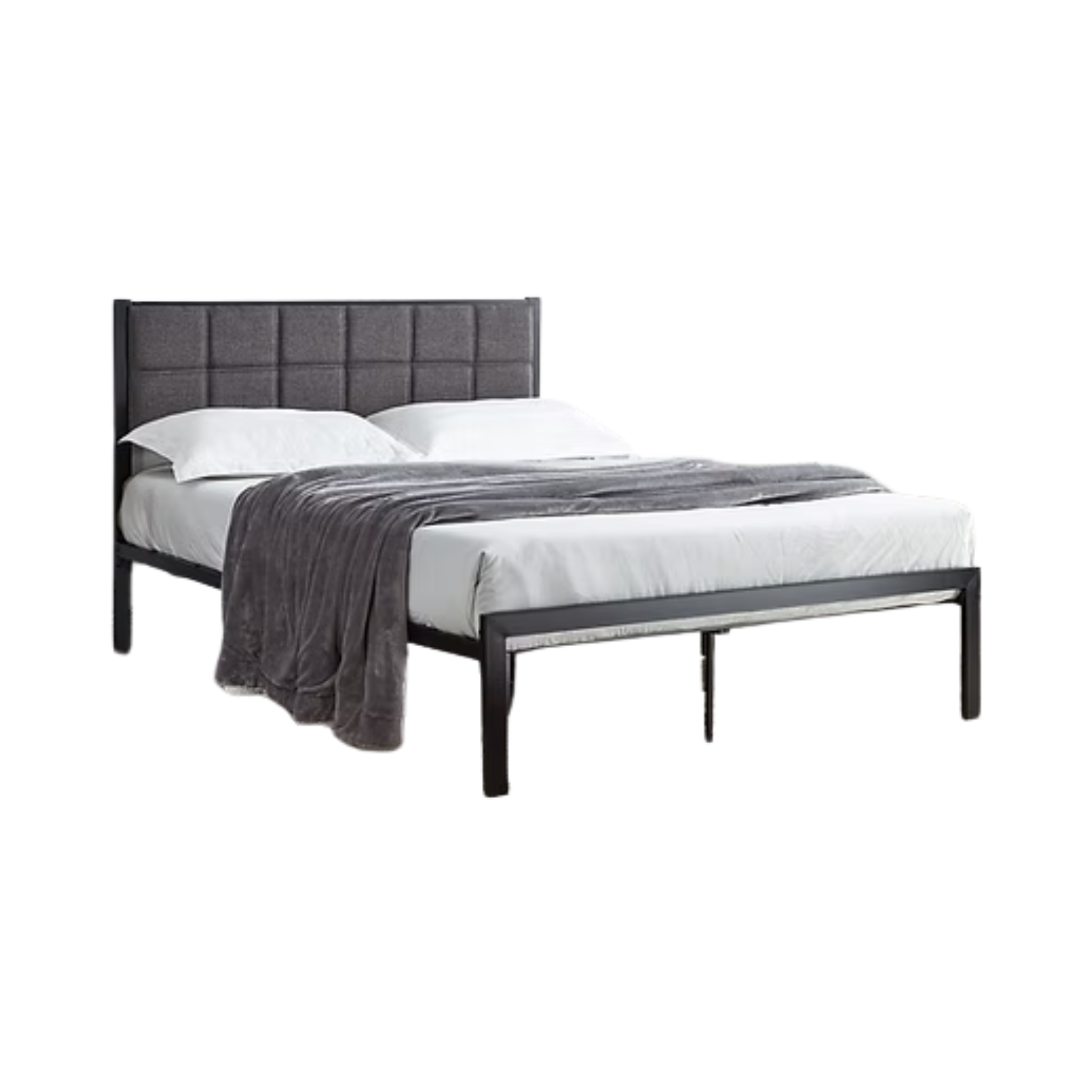 Twin Bed - Black Metal Bed With A Padded Grey Fabric Headboard 105