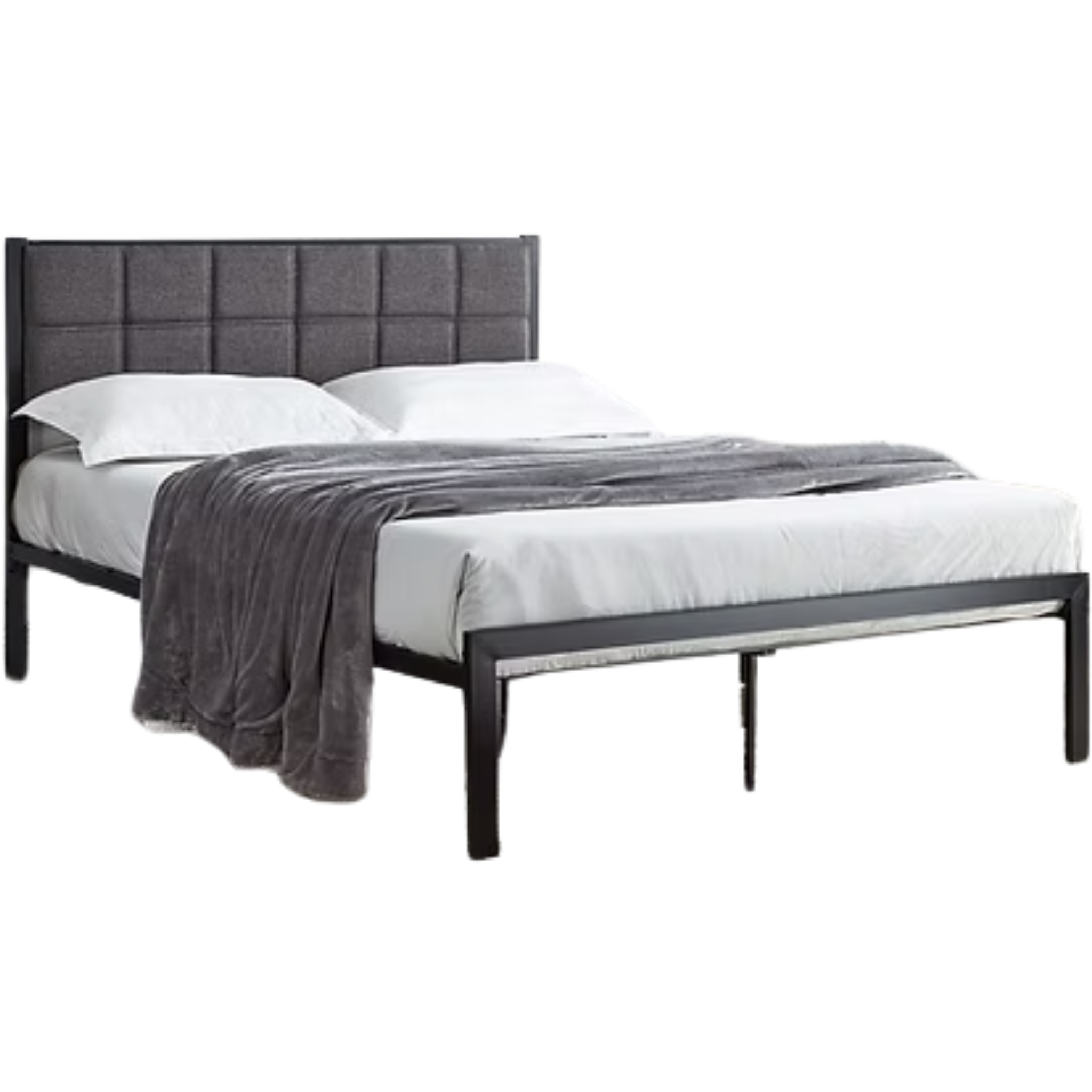 Queen Bed - Black Metal Bed With A Padded Grey Fabric Headboard 105