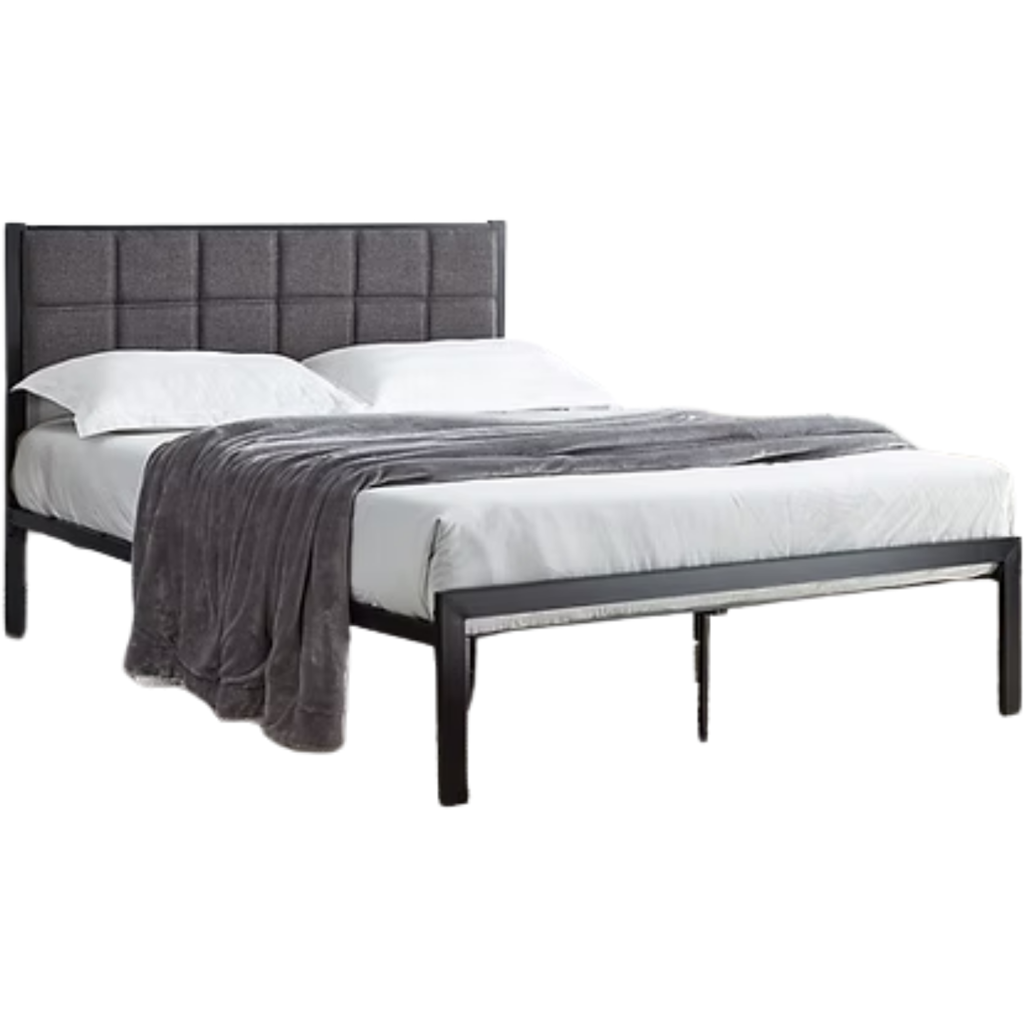 Double Bed - Black Metal Bed With A Padded Grey Fabric Headboard 105