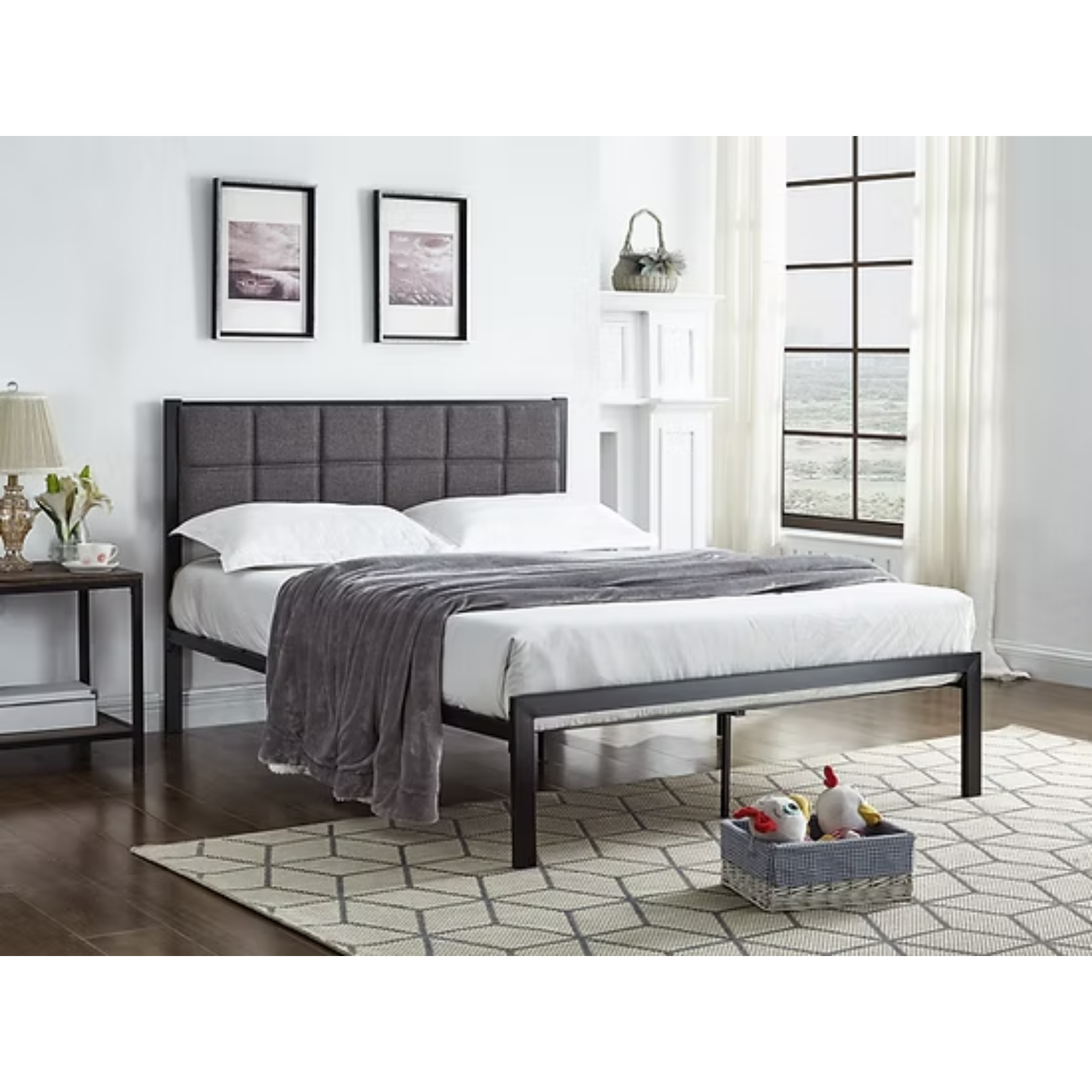 Queen Bed - Black Metal Bed With A Padded Grey Fabric Headboard 105