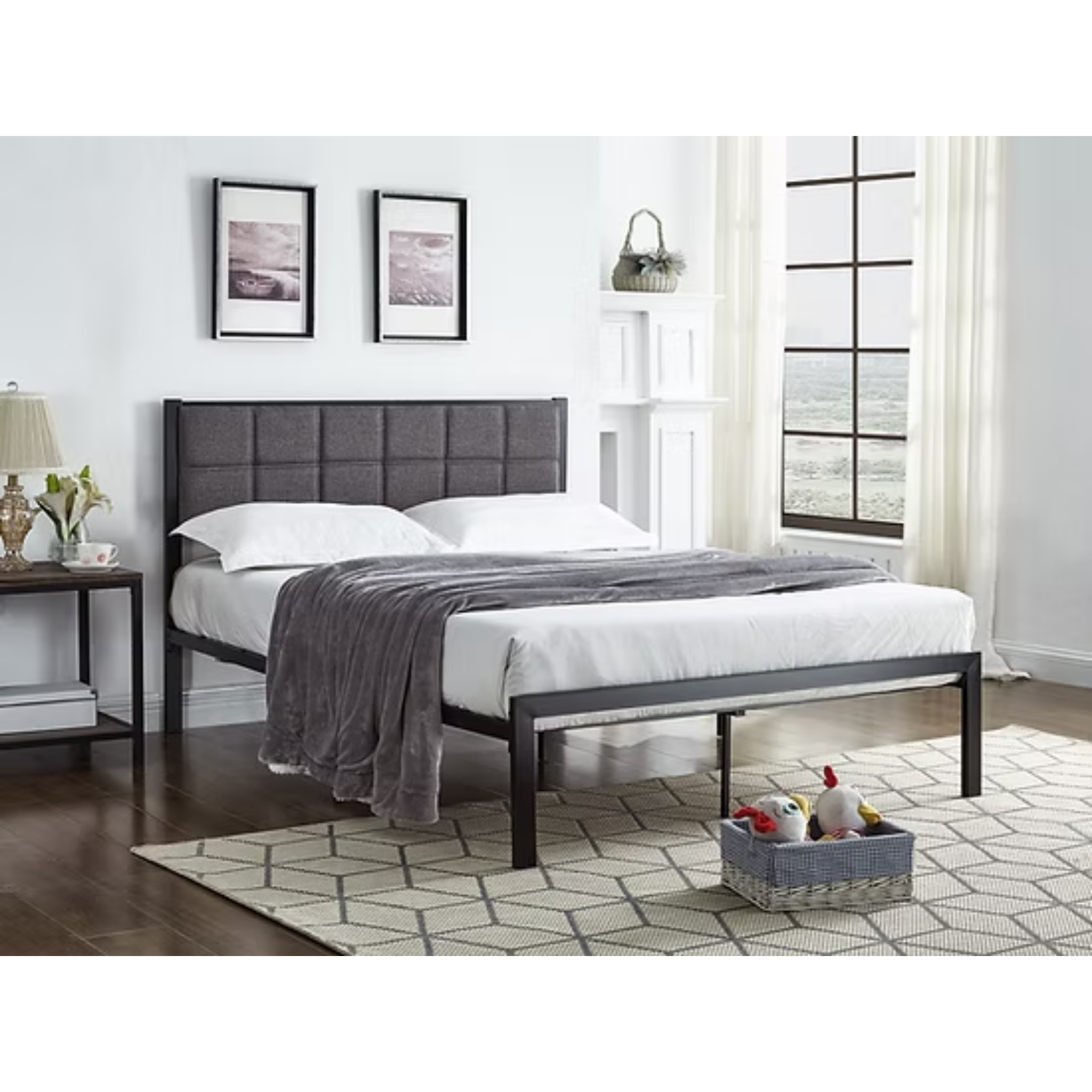 Double Bed - Black Metal Bed With A Padded Grey Fabric Headboard 105