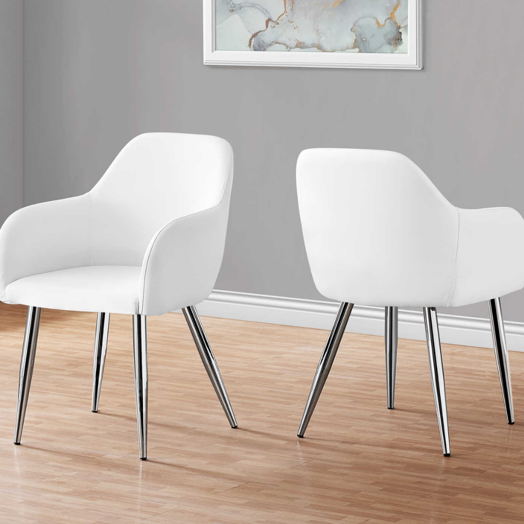 Ensemble salle à manger Arco 7 pièces blanc brillant, table 60 po et 6 chaises similicuir chrome, Montréal