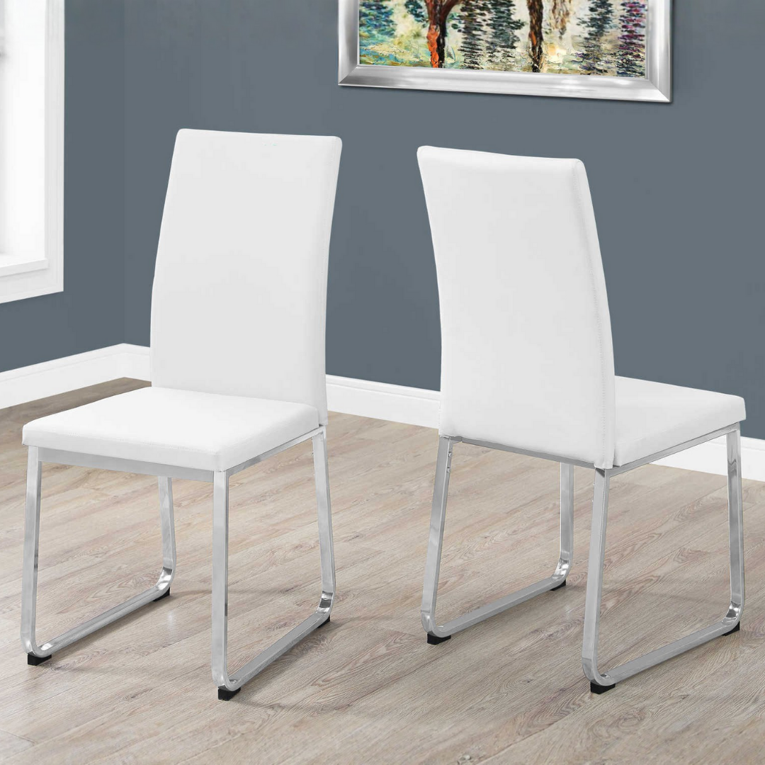 Slidora – Lot de 2 – Chaises de salle à manger traîneau aspect cuir – Blanc / Piètement chromé