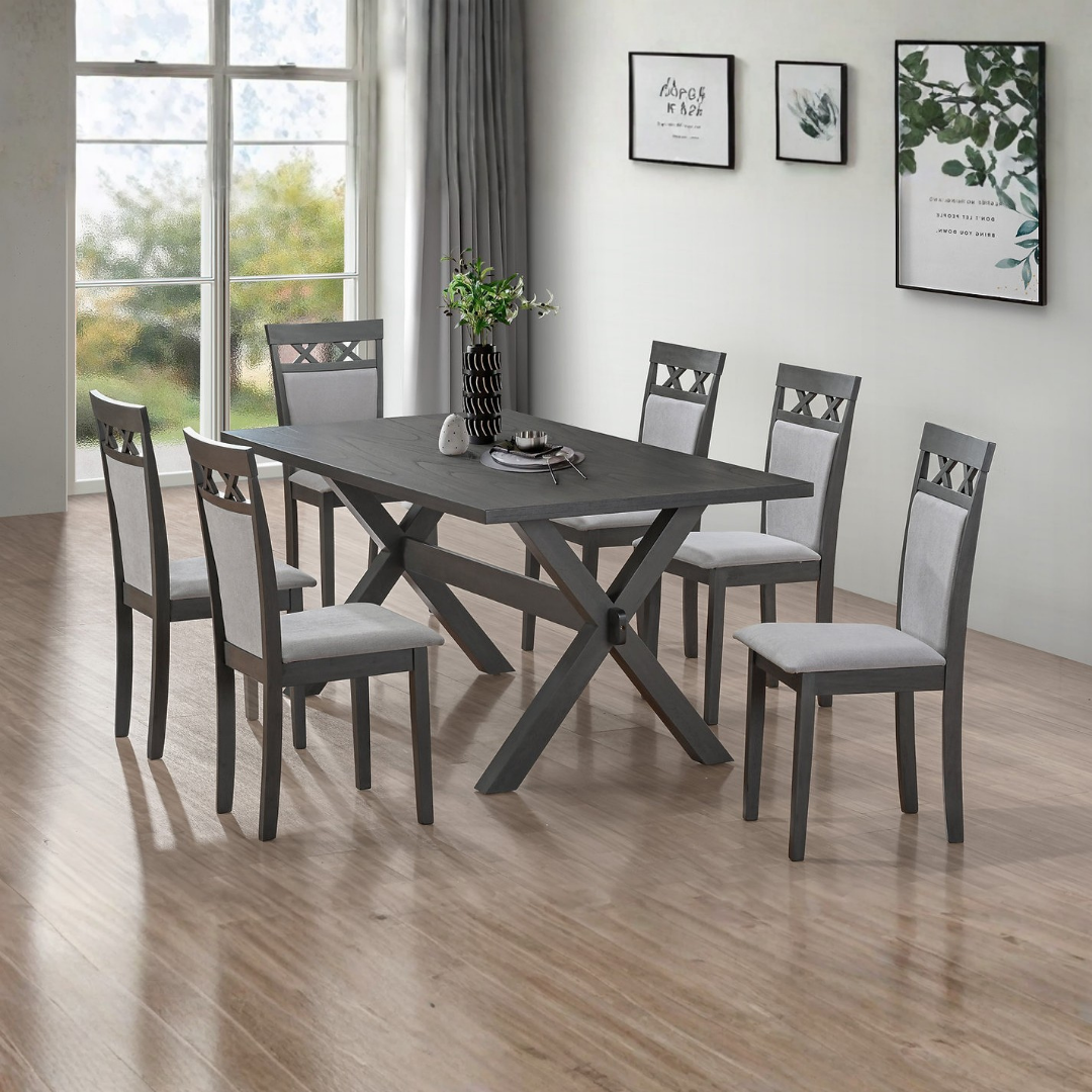 Moderna – Dining Set – Antique Grey Wood / Fabric Chairs