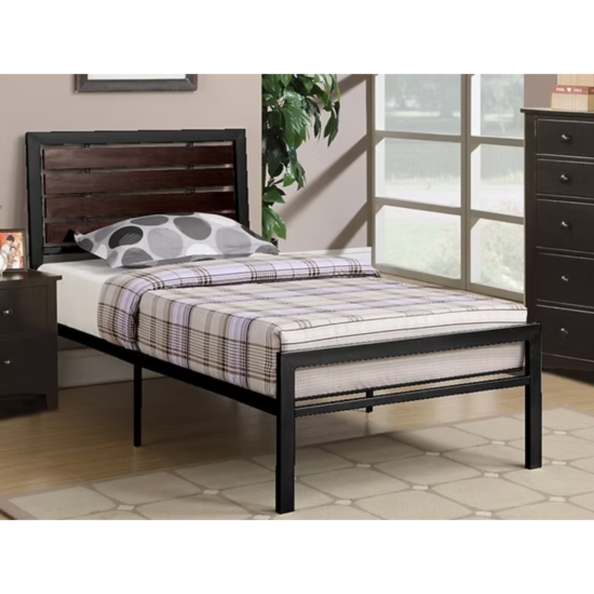 Twin Bed - Black Metal Frame with Espresso Panels 114
