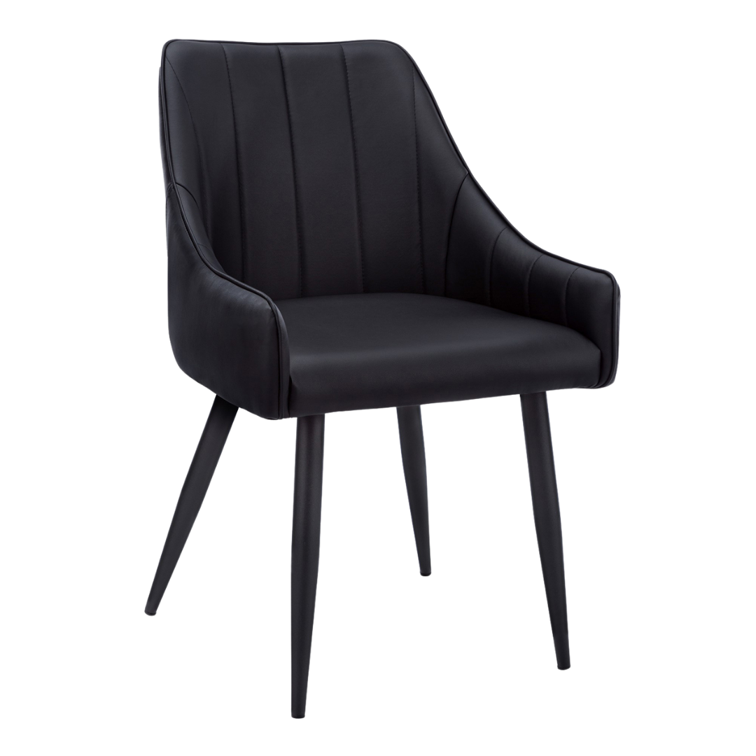 Veloria – Set of 2 – Leather-Look Dining Chair with Armrests – Black / Black Metal