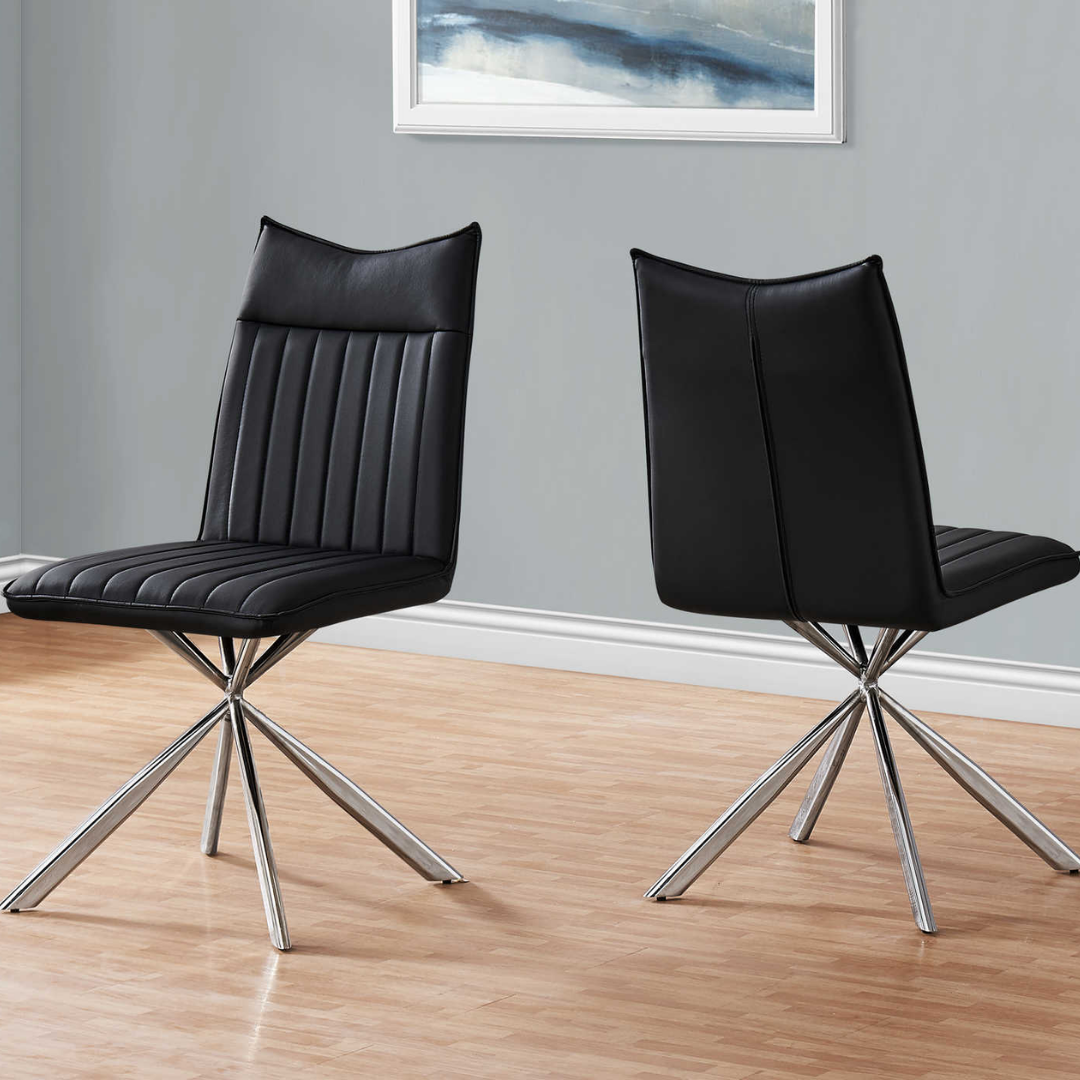 Astrae – Set of 2 – Starburst Leather-Look Dining Chair – Black / Chrome Base