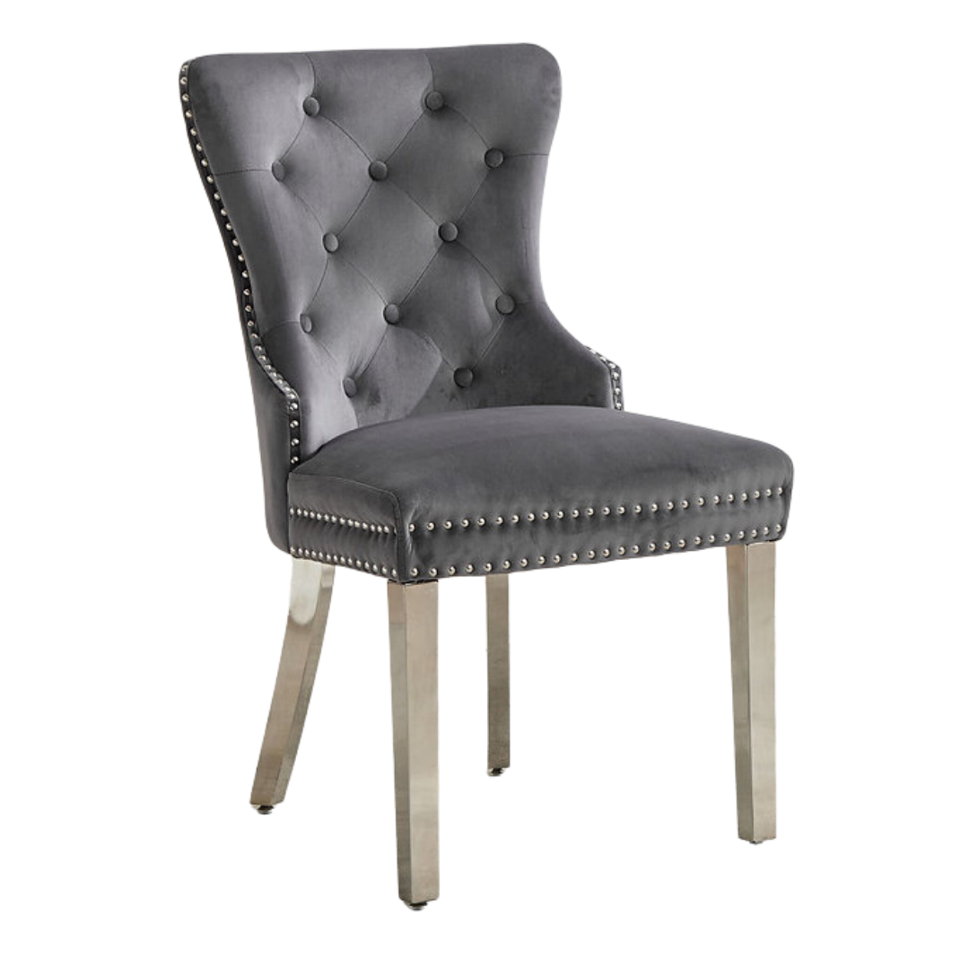 Lot de 2 chaises salle à manger Luxoria velours gris capitonné pieds chromés – Bonito Montréal
