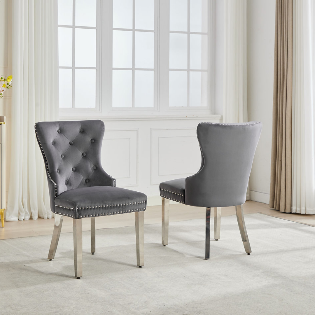 Luxoria – Lot de 2 – Chaises de salle à manger capitonnées en velours – Gris