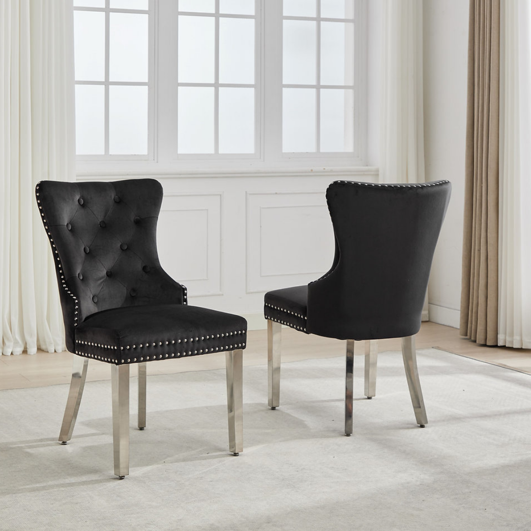 Luxoria – Lot de 2 – Chaises de salle à manger capitonnées en velours – Noires