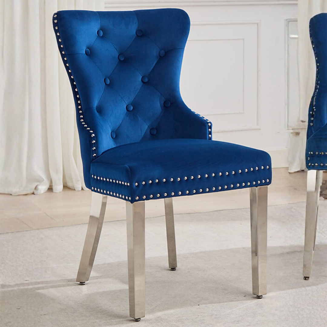 Luxoria ensemble 2 chaises salle à manger velours bleu foncé capitonné pieds chromés Montréal