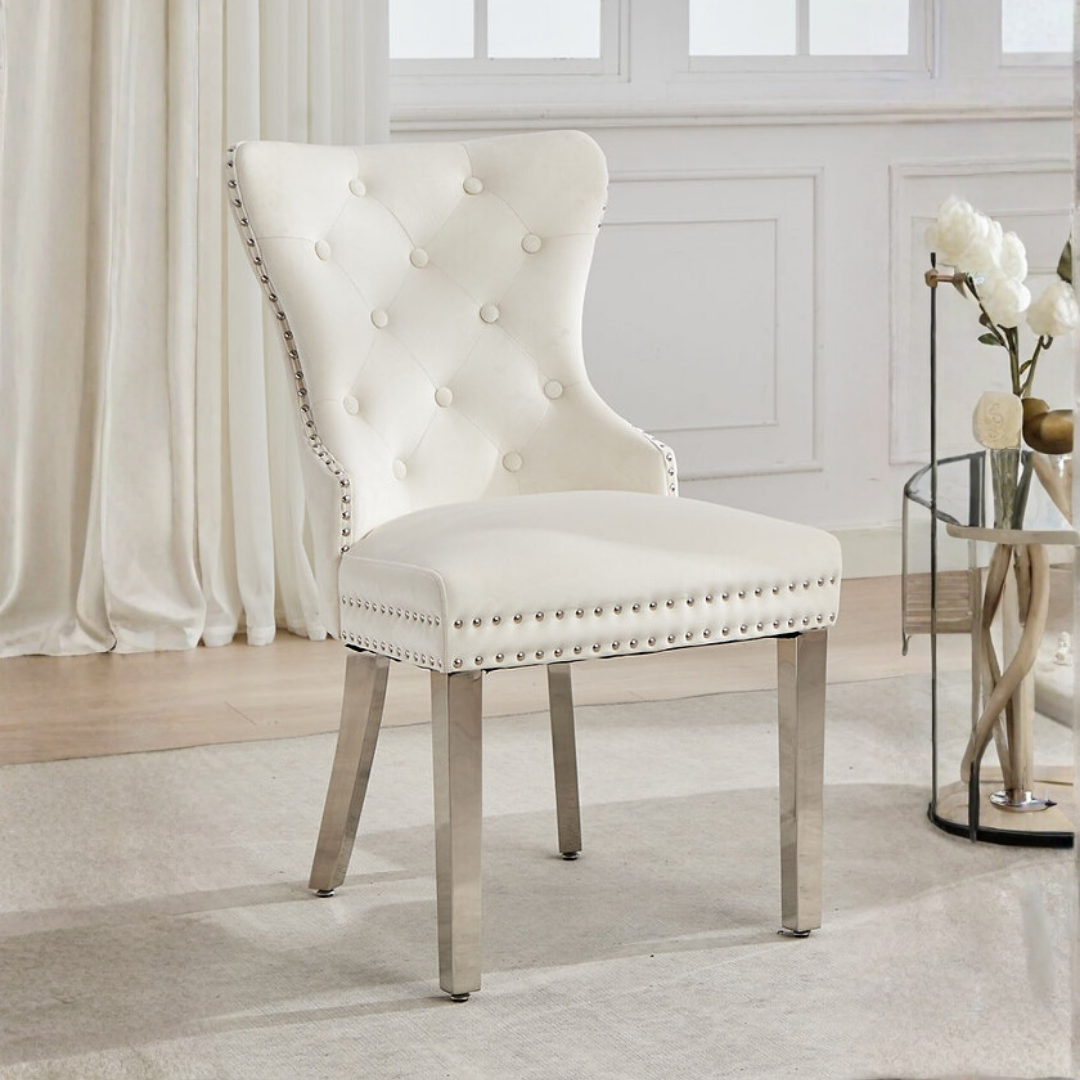 Luxoria – Lot de 2 – Chaises de salle à manger capitonnées en velours – Crème