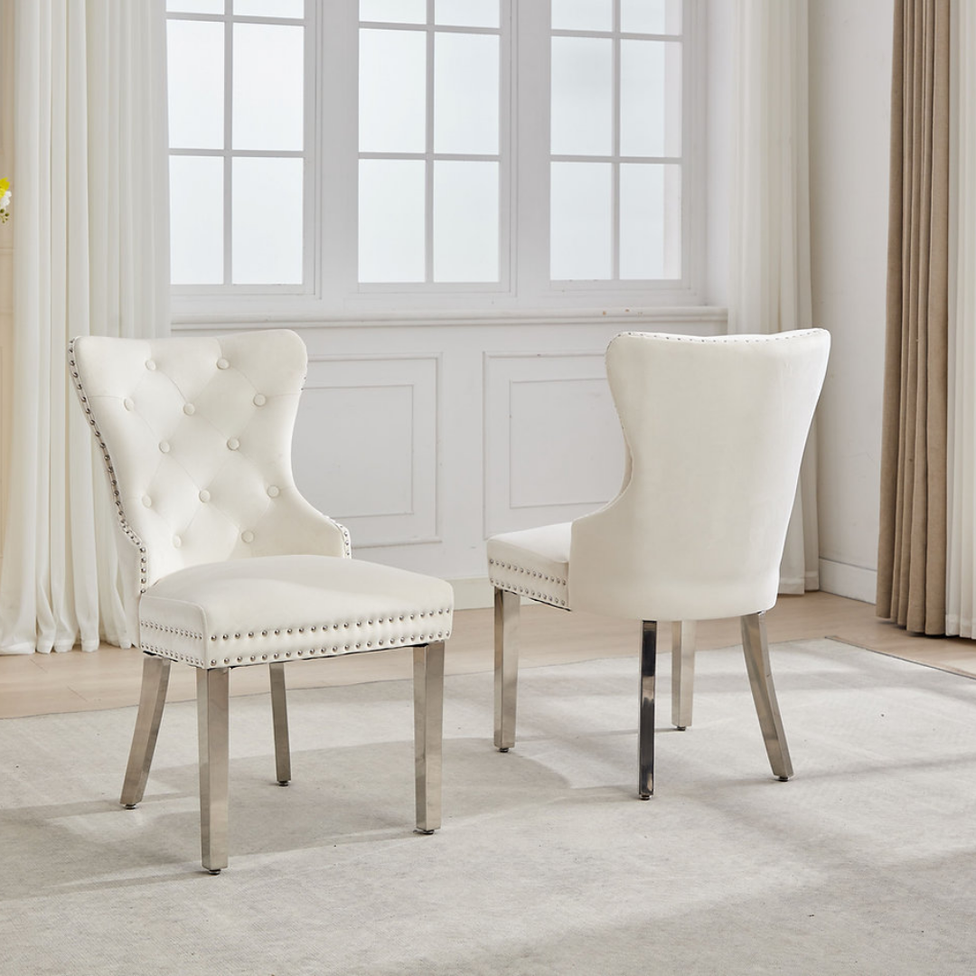 Luxoria – Lot de 2 – Chaises de salle à manger capitonnées en velours – Crème
