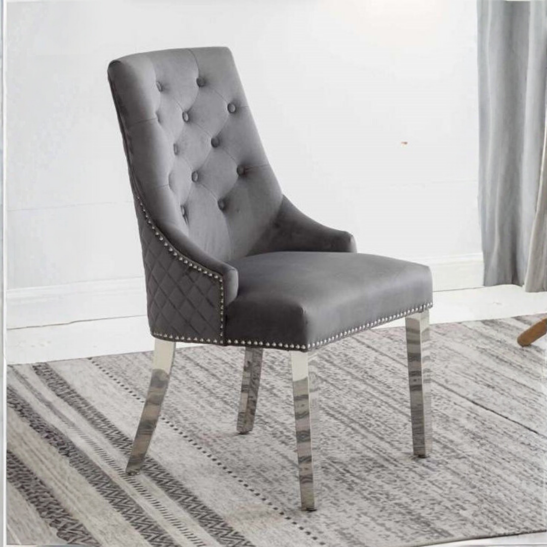 Ensemble 2 chaises salle à manger Majestria velours gris capitonné pieds chrome poli Montréal