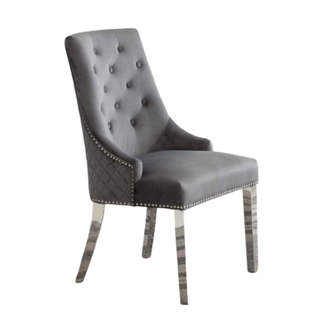 Ensemble 2 chaises salle à manger Majestria velours gris capitonné pieds chrome poli Montréal