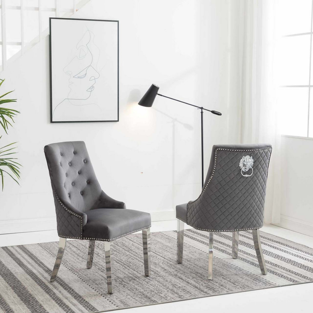 Ensemble 2 chaises salle à manger Majestria velours gris capitonné pieds chrome poli Montréal