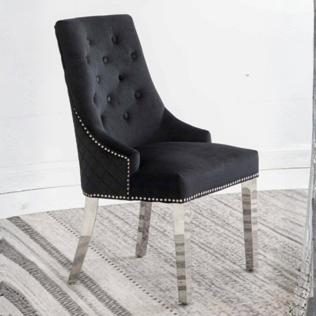 Majestria ensemble 2 chaises salle à manger velours noir capitonné pieds chromés clous décoratifs Montréal