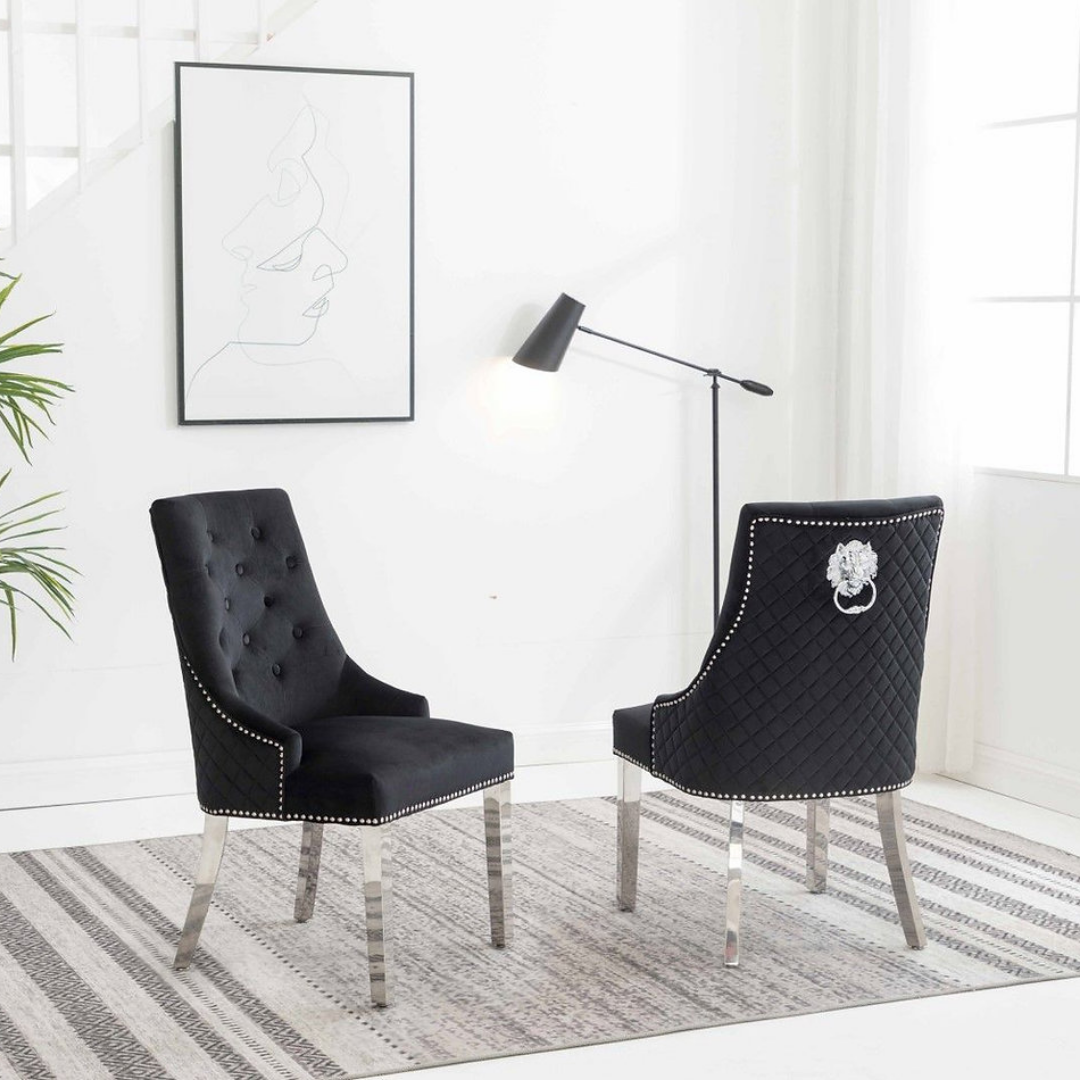 Majestria ensemble 2 chaises salle à manger velours noir capitonné pieds chromés clous décoratifs Montréal