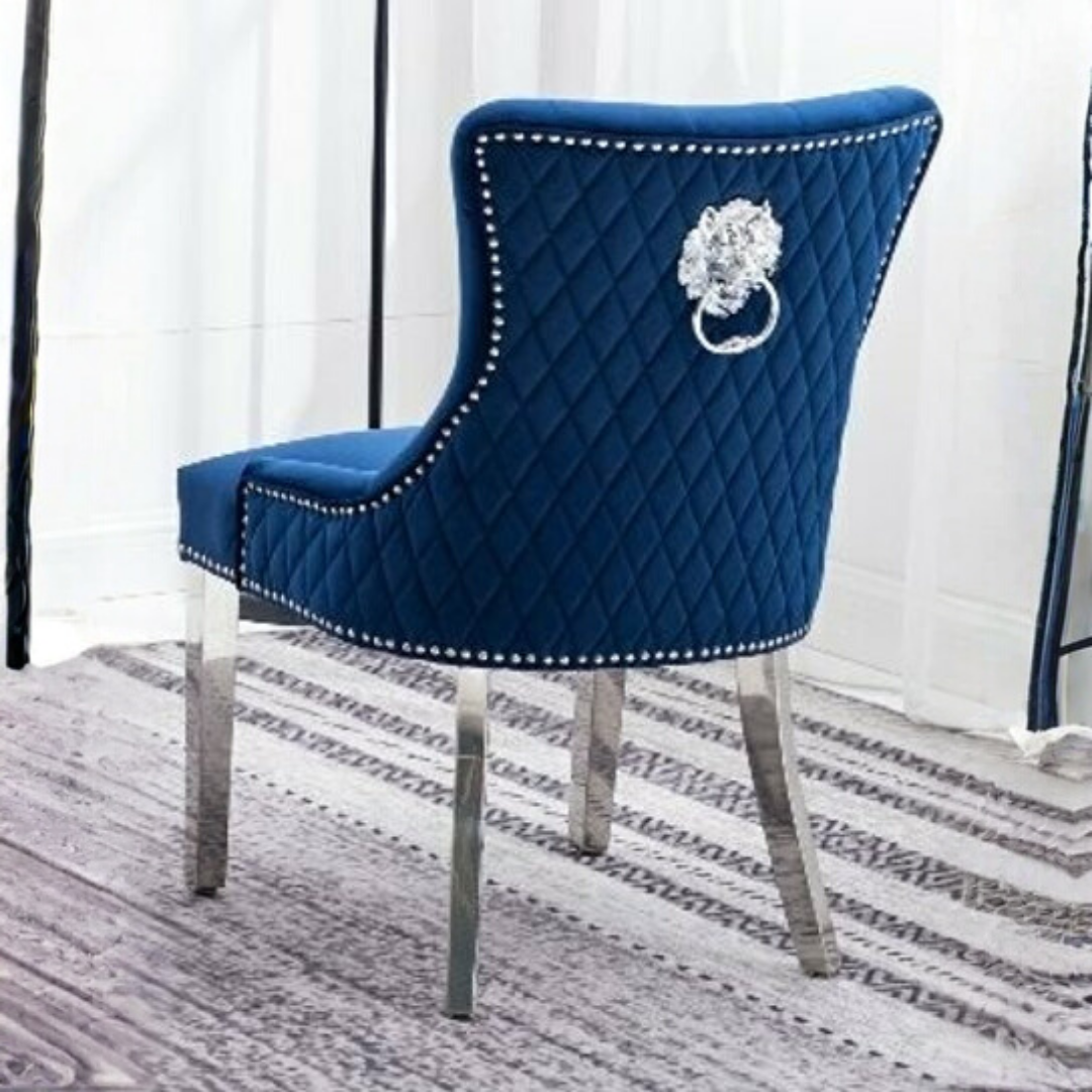 Ensemble 2 chaises salle à manger Majestria velours bleu foncé capitonné losanges pattes chromées Montréal