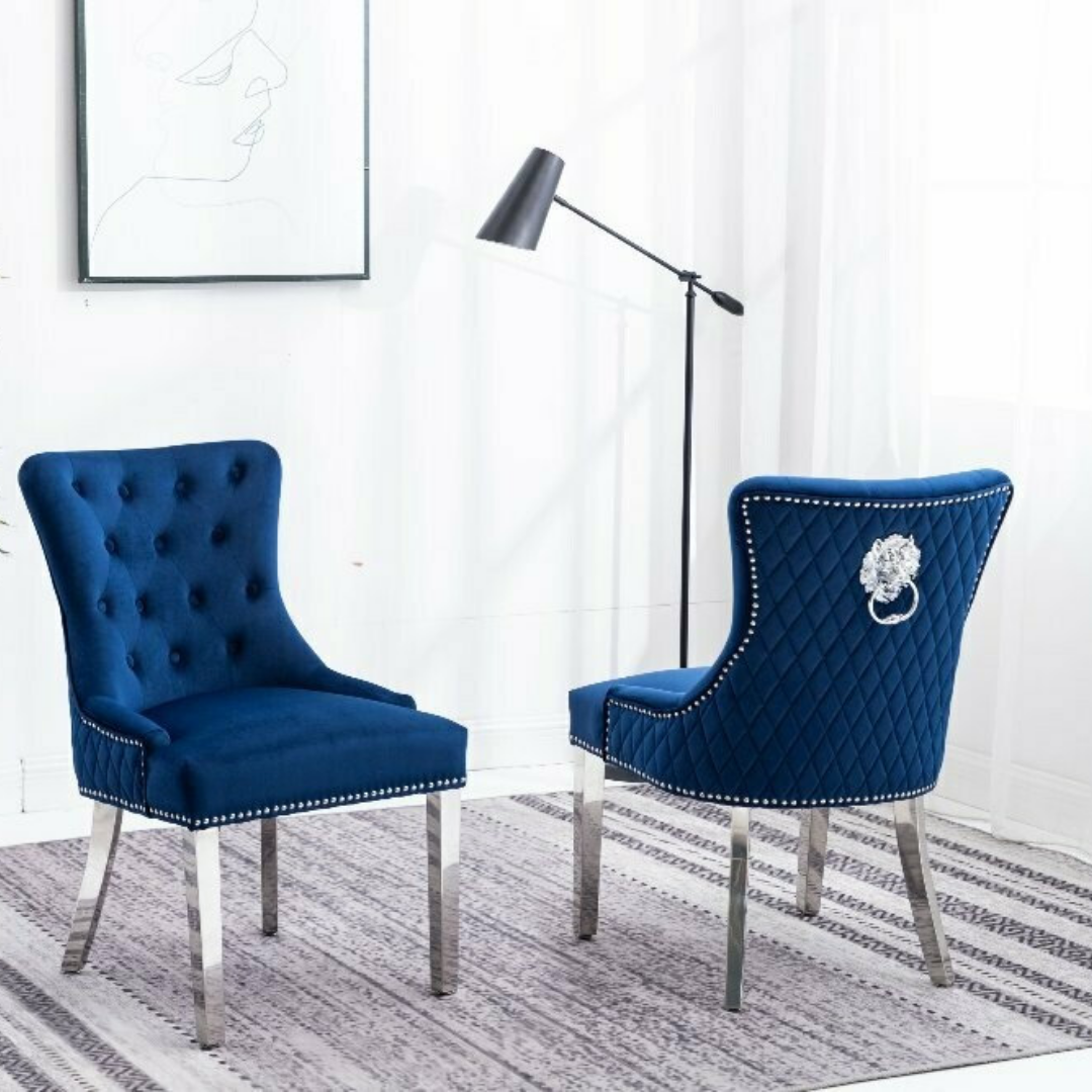 Ensemble 2 chaises salle à manger Majestria velours bleu foncé capitonné losanges pattes chromées Montréal