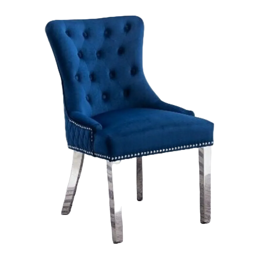 Ensemble 2 chaises salle à manger Majestria velours bleu foncé capitonné losanges pattes chromées Montréal