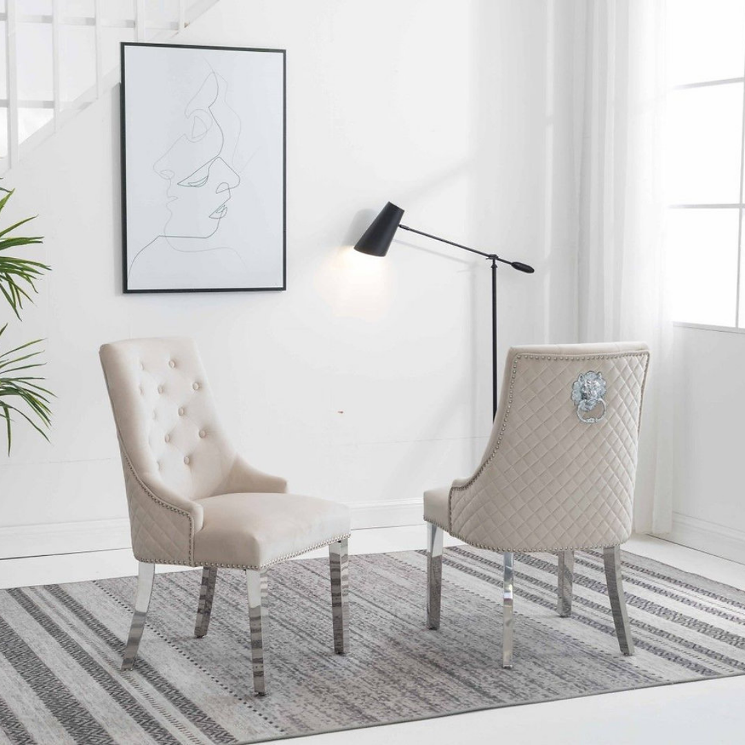 Ensemble 2 chaises salle à manger Majestria velours crème capitonné pieds chrome poli Montréal