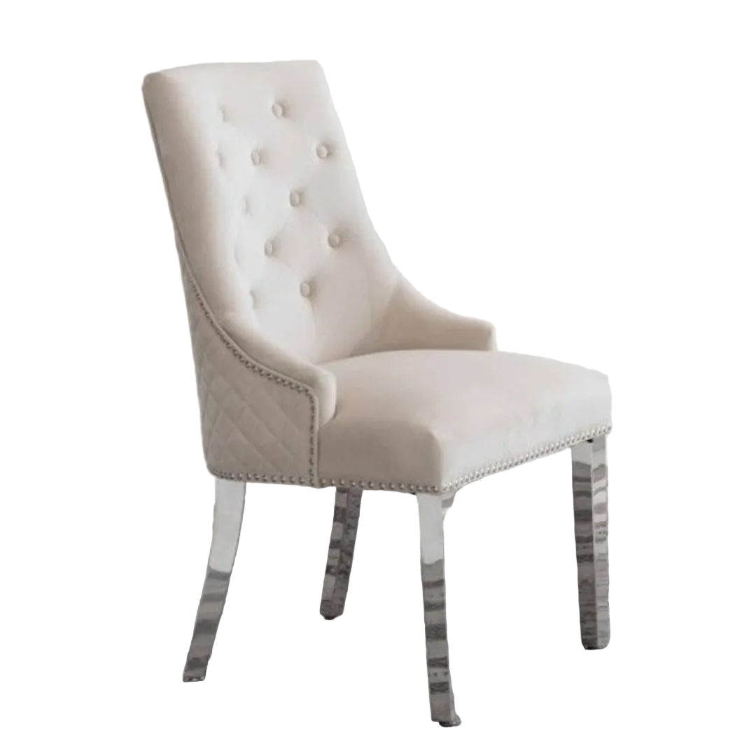 Ensemble 2 chaises salle à manger Majestria velours crème capitonné pieds chrome poli Montréal