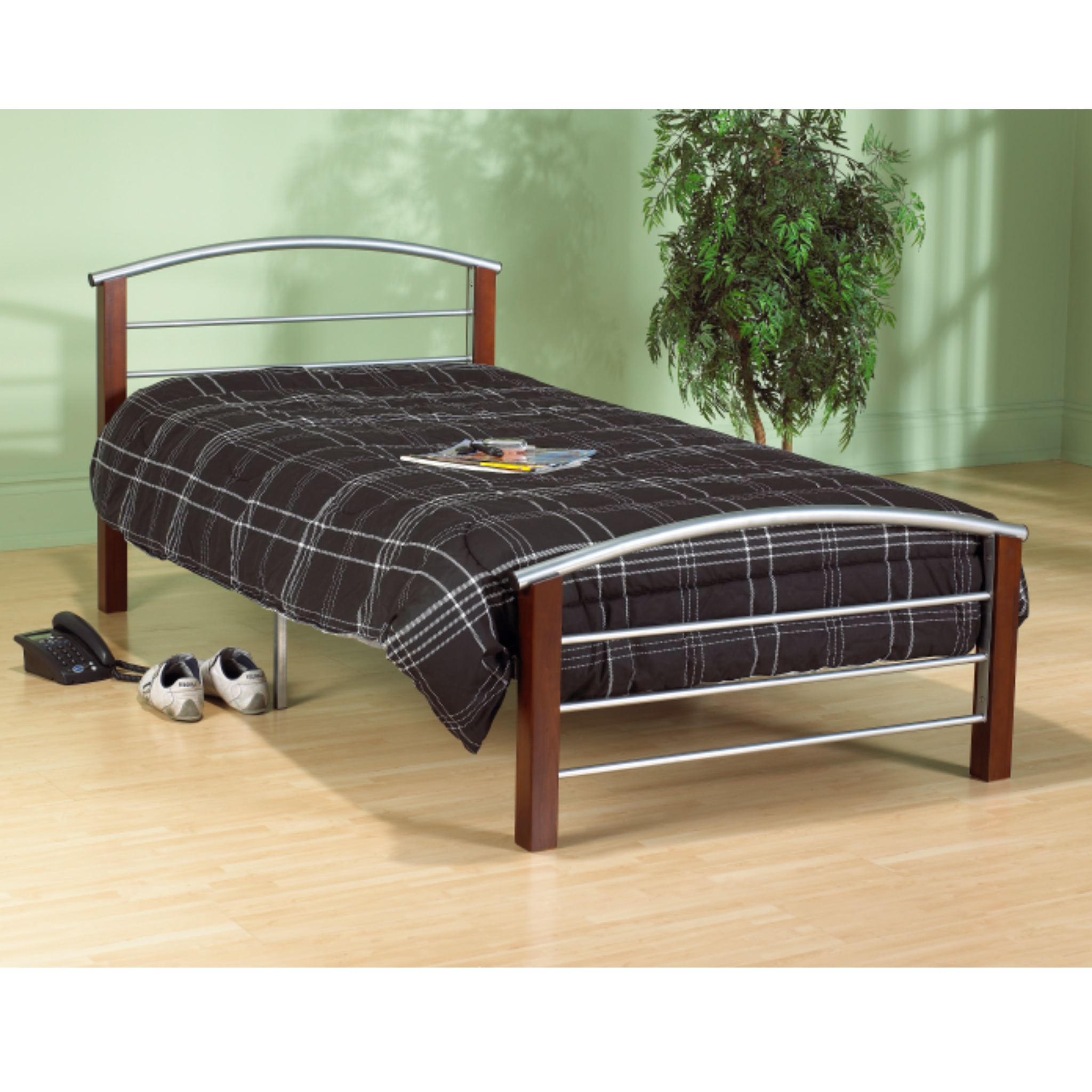 Twin Bed - Bed Silver Metal and Dark Cherry Post 127