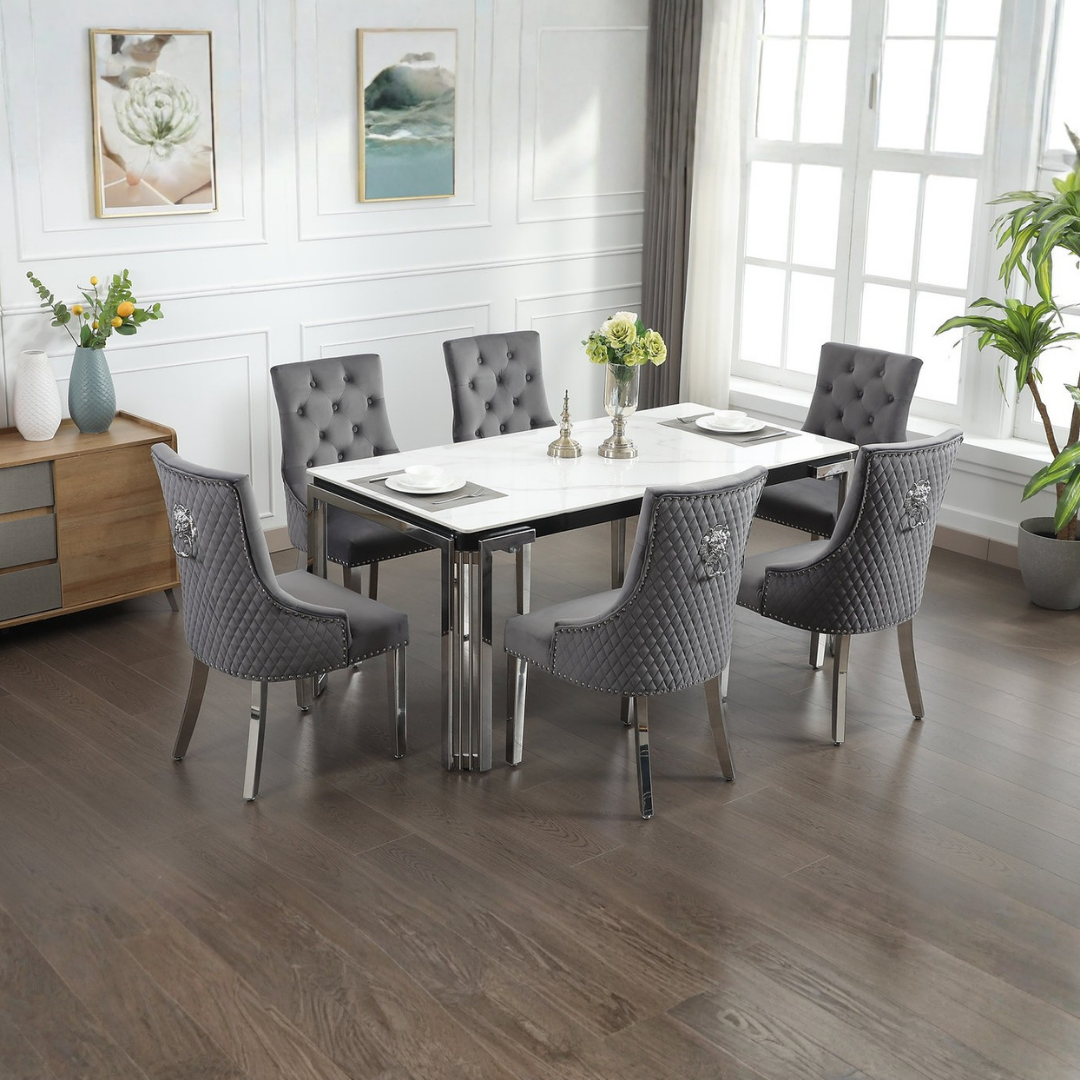 Bellagio – Ensemble de salle à manger – Marbre blanc / Velours gris