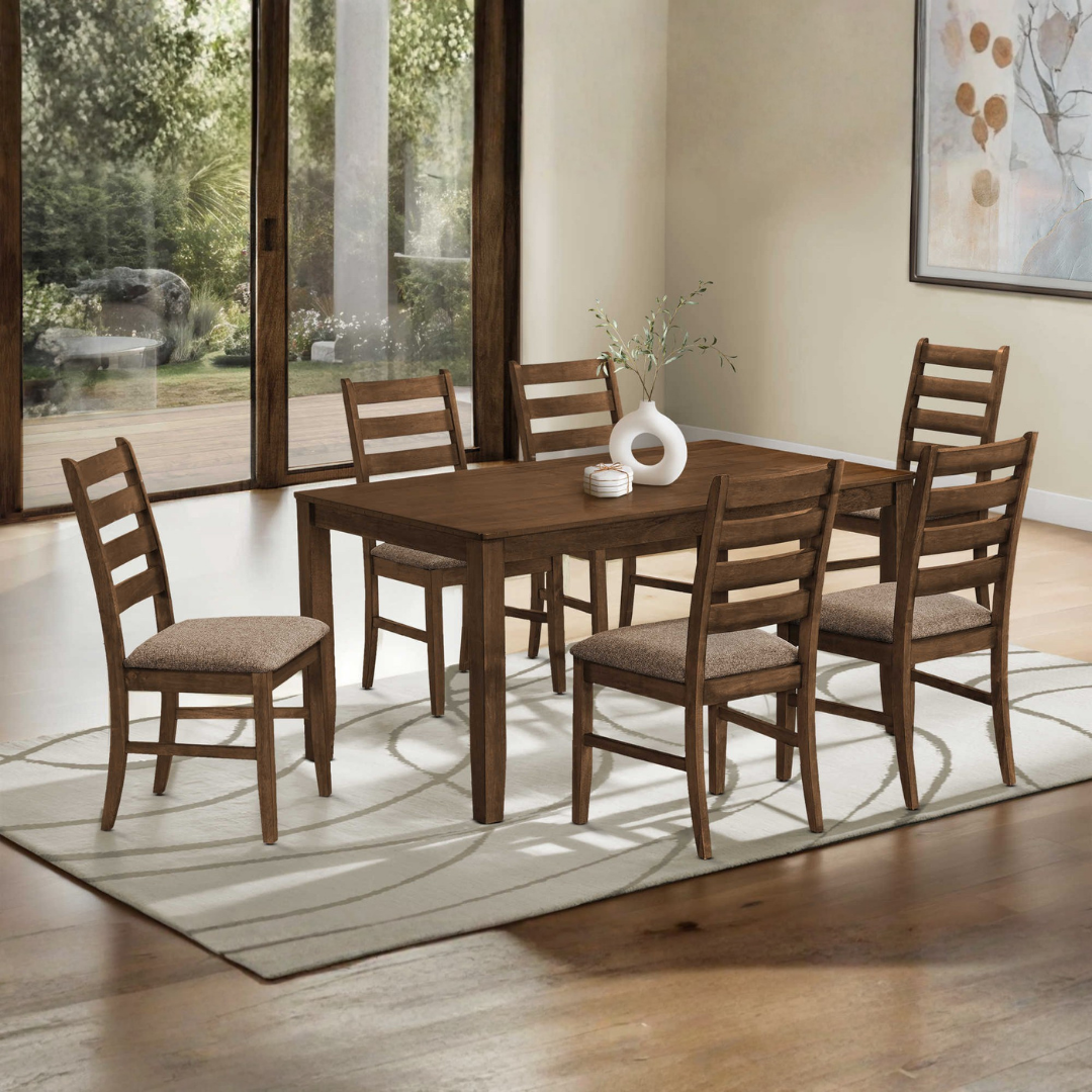 Comforta – Dining Set – Antique Cherry Veneer / Brown Fabric