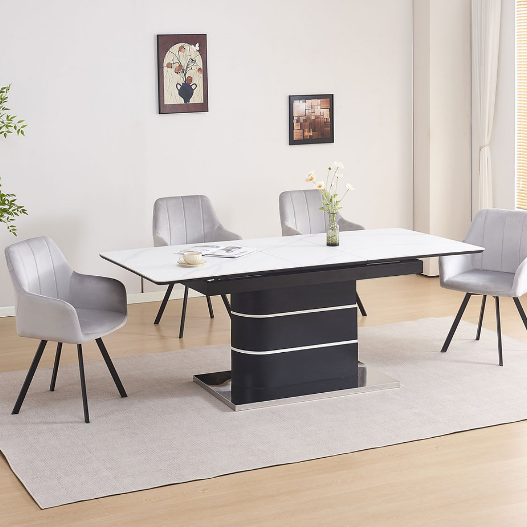 Roma – Dining Set – White Marble Look / Light Grey Velvet
