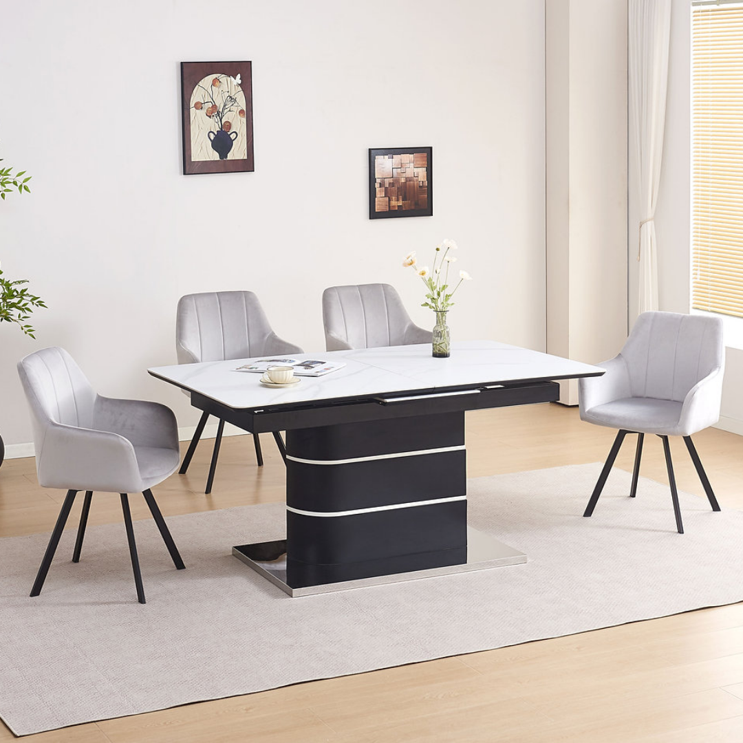 Roma – Dining Set – White Marble Look / Light Grey Velvet