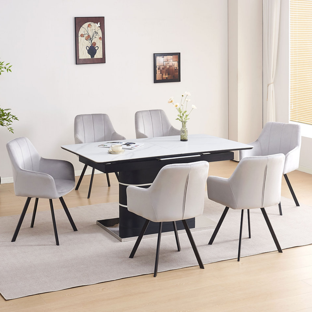 Roma – Dining Set – White Marble Look / Light Grey Velvet
