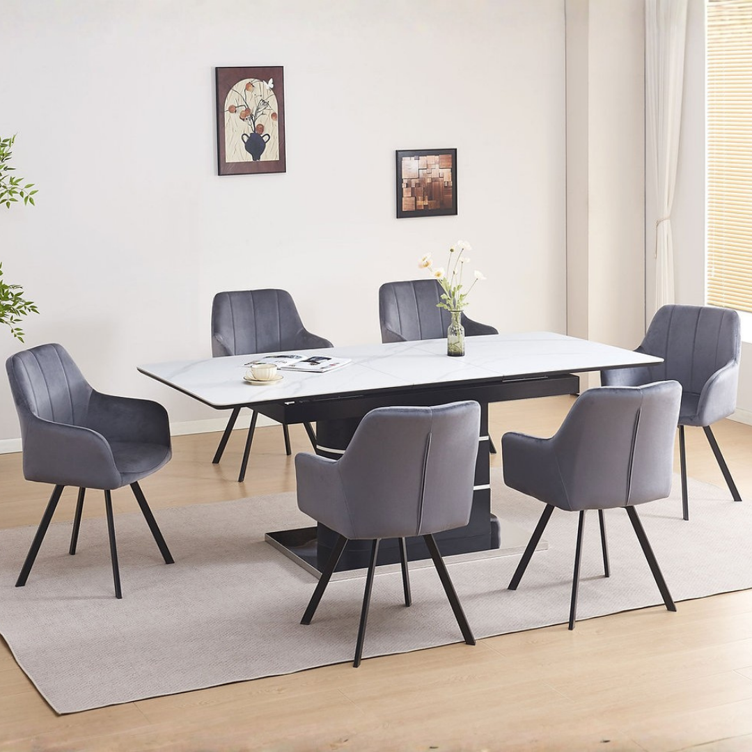 Roma – Ensemble de salle à manger – Aspect marbre blanc / Velours gris foncé