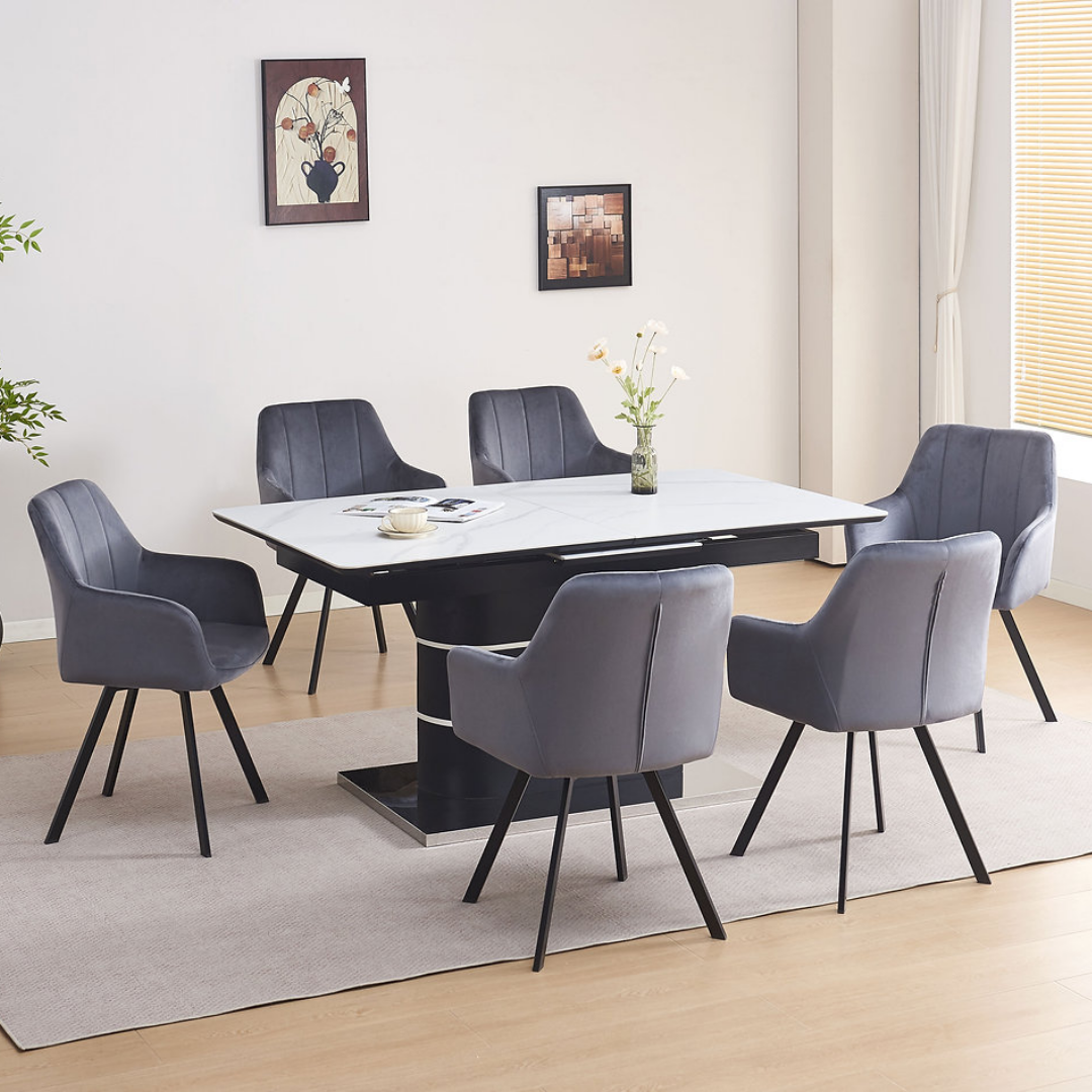 Roma – Dining Set – White Marble Look / Dark Grey Velvet