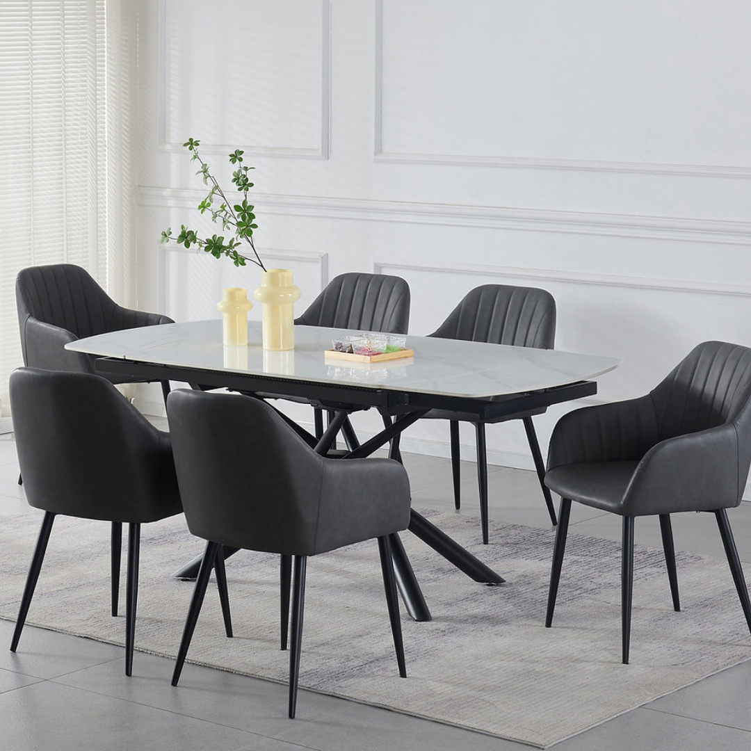 Firenze – Ensemble de salle à manger – Aspect marbre blanc / PU gris