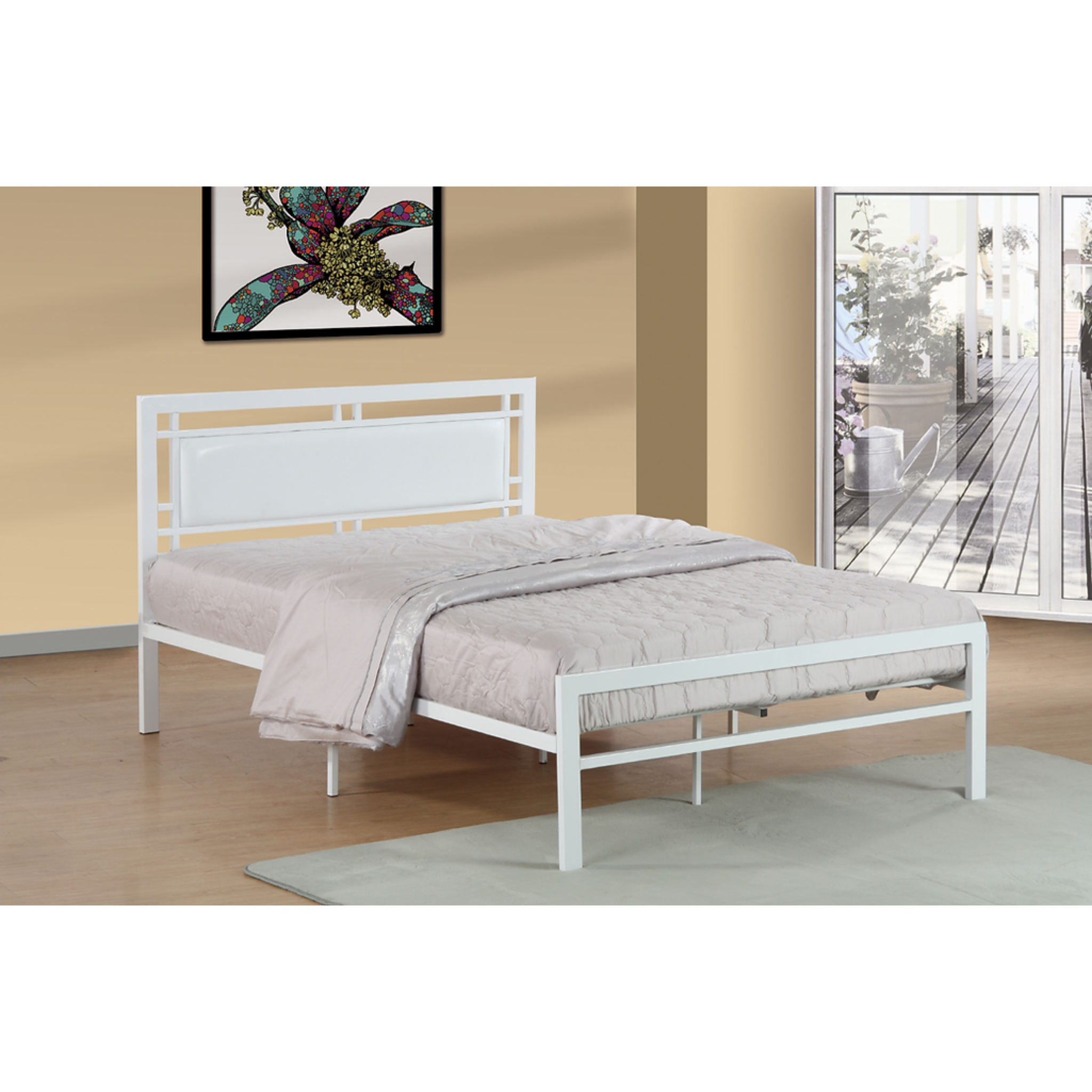 Queen Bed - White Metal Bed With White PU Headboard 141
